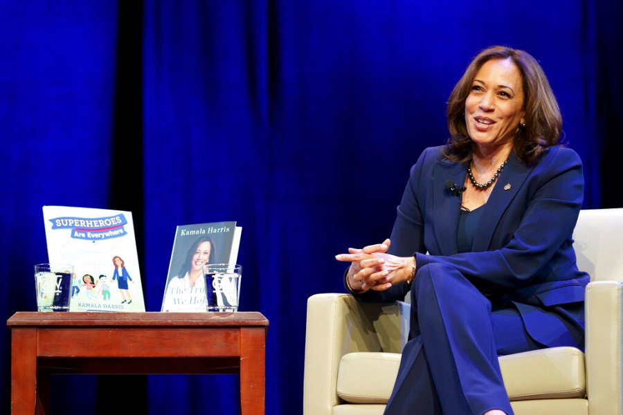 Kamala Harris speaking at a book tour.