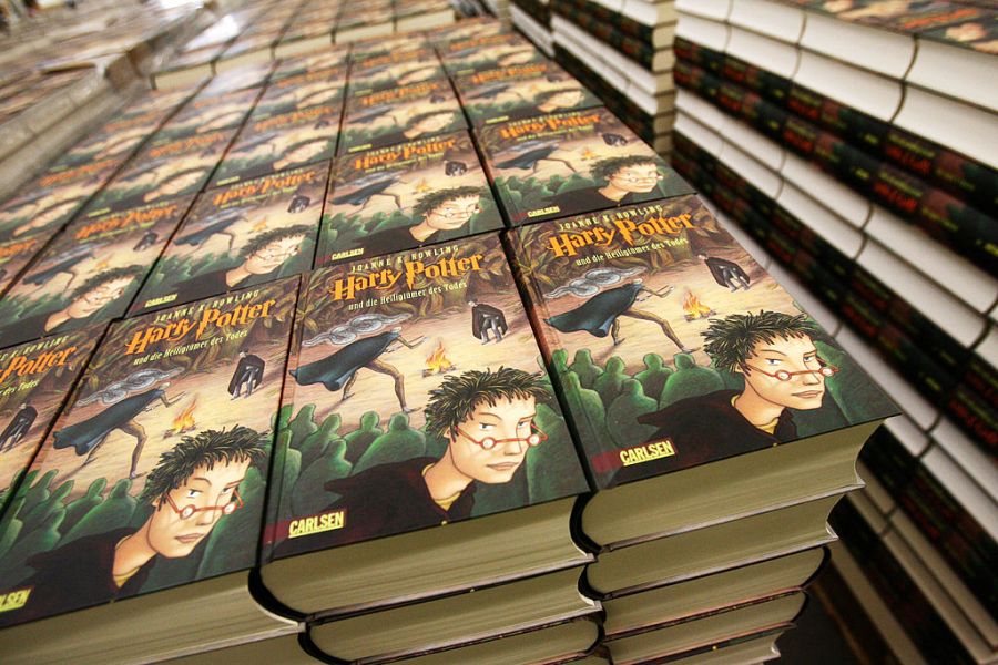 harry potter books stacked for display