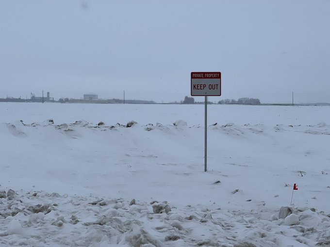 A sign saying "Keep Out" is seen in Grand Forks, North Dakota.