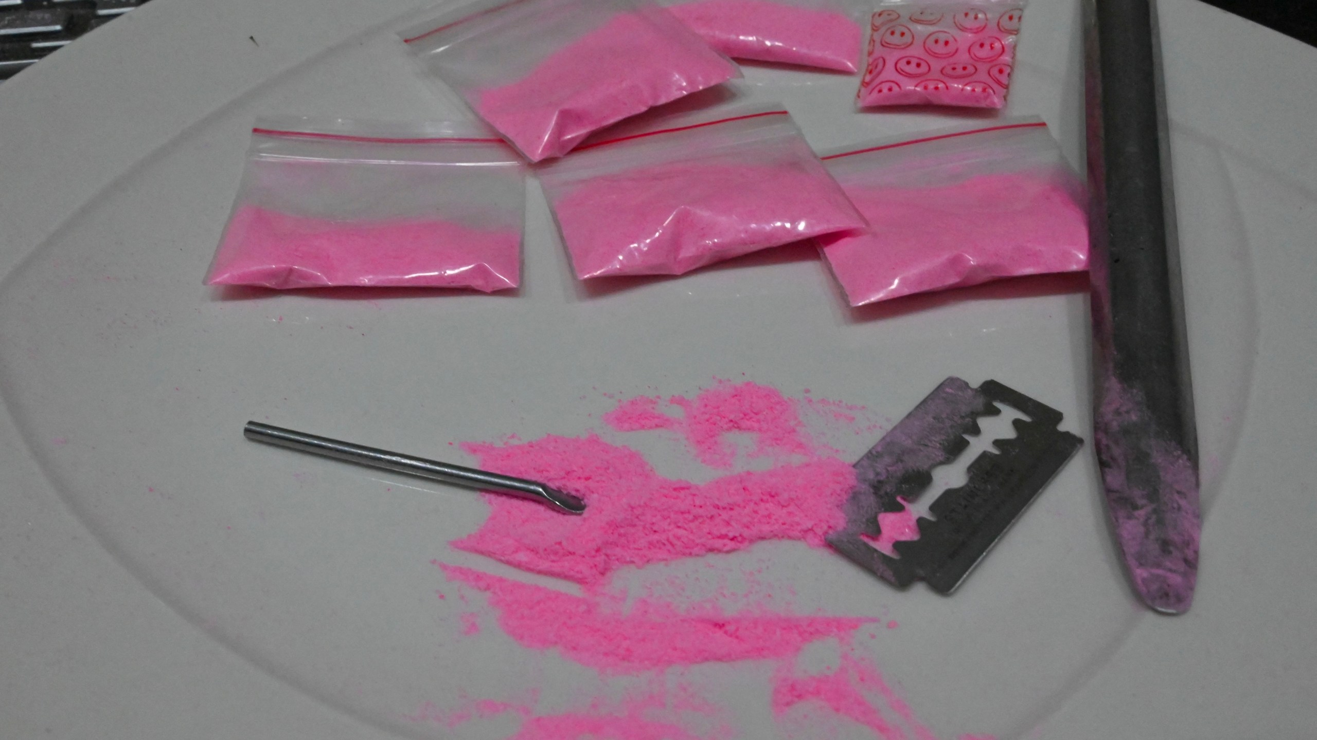 Bags containing a powder known as Tusi or pink cocaine are pictured in Medellin, Colombia, on April 2, 2022
