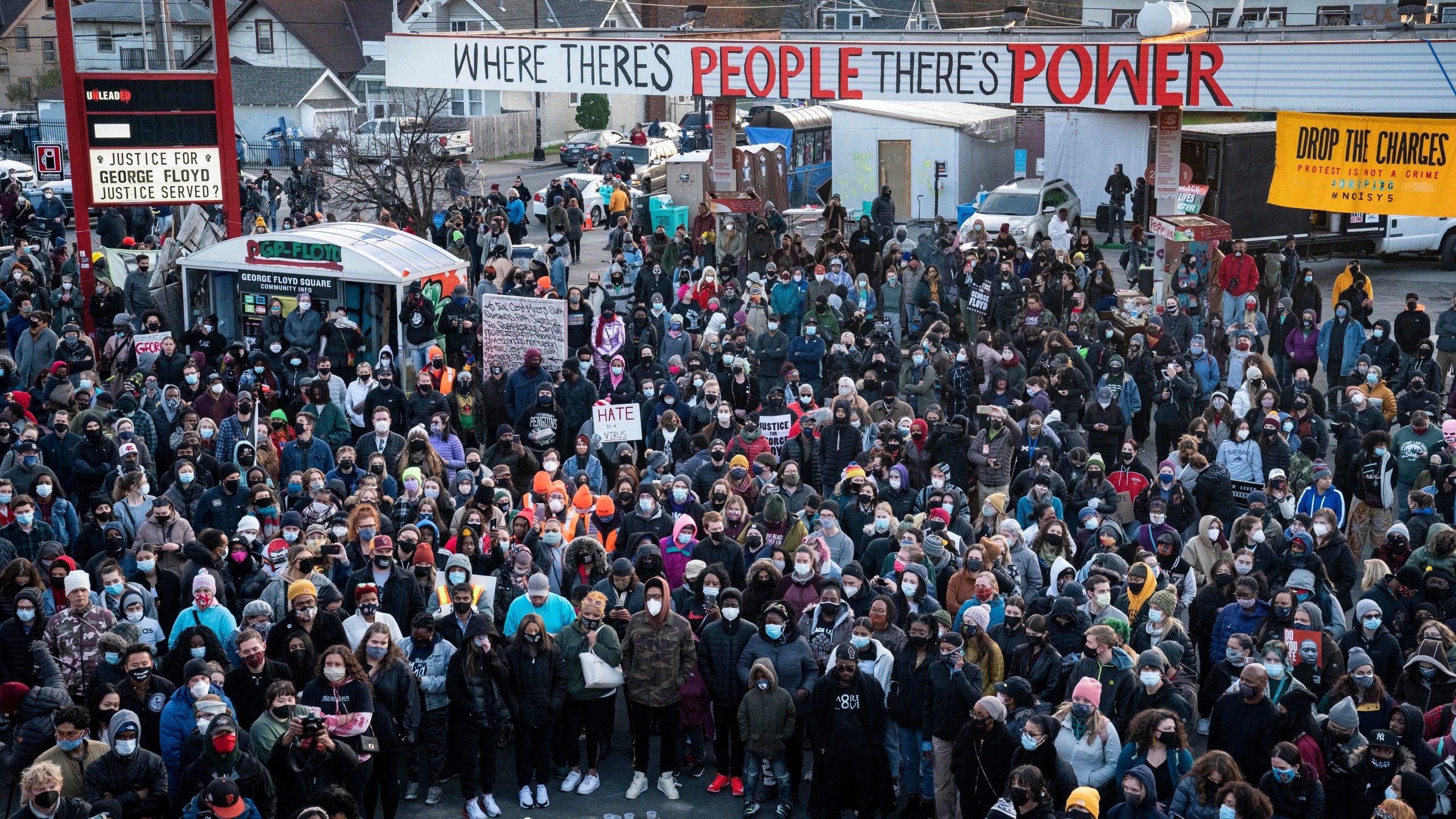 FILE - Demonstrators gather outside Cup Foods to celebrate the murder conviction of former Minneapolis police officer Derek Chauvin in the killing of George Floyd, April 20, 2021, in Minneapolis. The third anniversary of Floyd’s murder is Thursday, May 25, 2023. (AP Photo/John Minchillo, File)