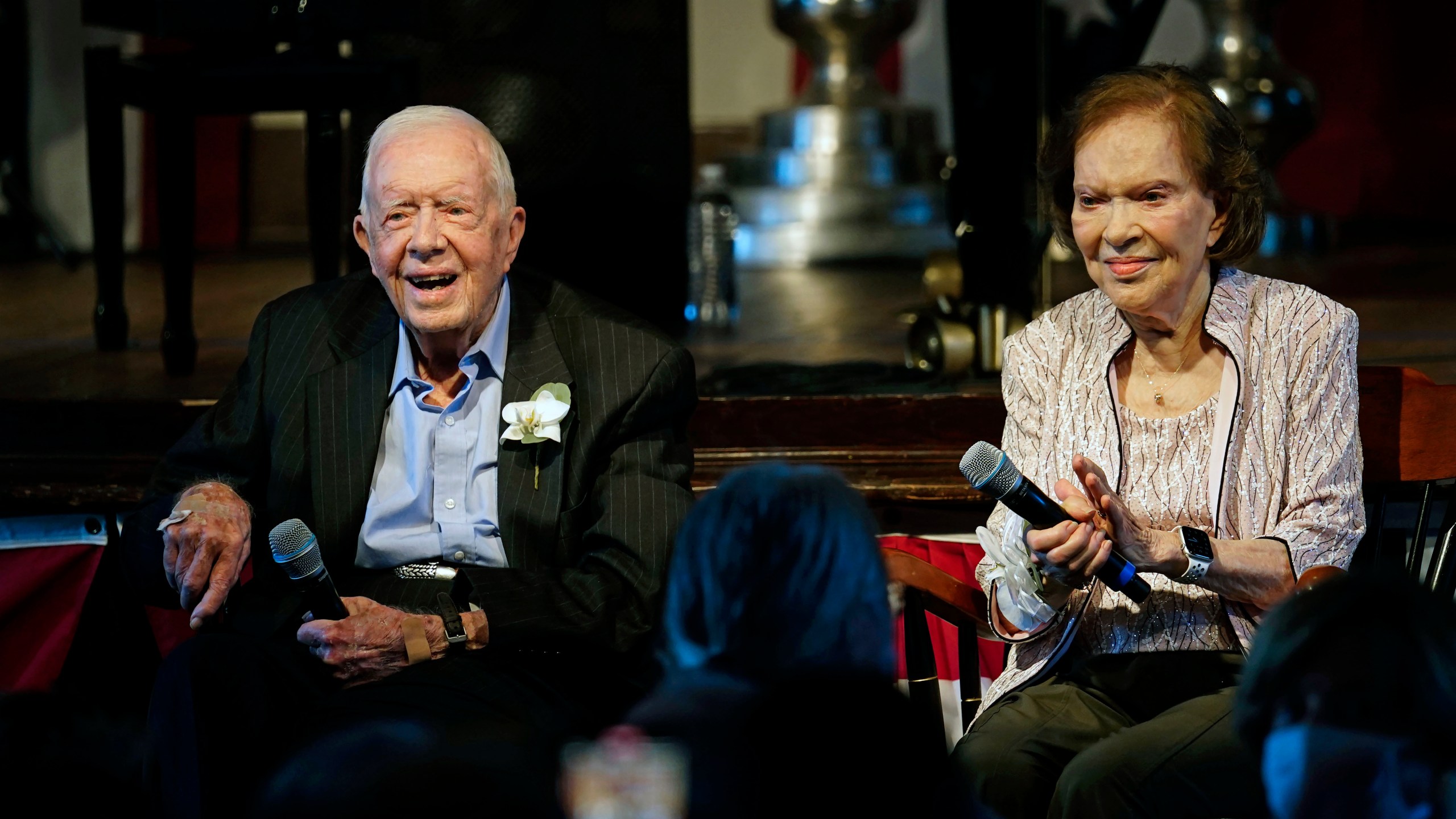 FILE - Former President Jimmy Carter and his wife former first lady Rosalynn Carter sit together during a reception to celebrate their 75th wedding anniversary on July 10, 2021, in Plains, Ga. The Carter family shared news that Rosalynn Carter has dementia, The Carter Center announced Tuesday, May 30, 2023. (AP Photo/John Bazemore, Pool, File)