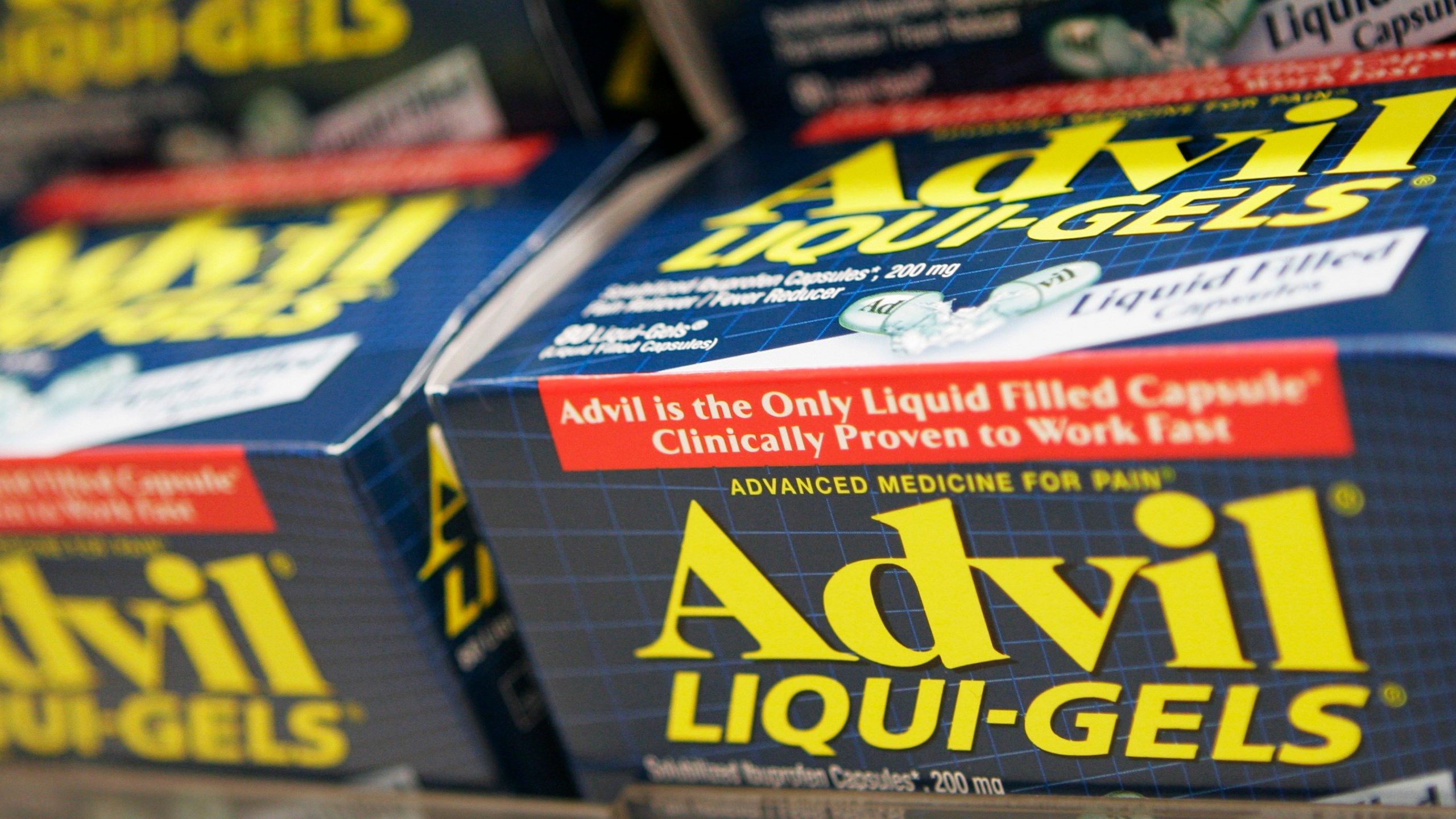 **FILE** Boxes of Advil Liqui-gels are seen on a store shelf in this Oct. 5, 2006 file photo in New York. Wyeth said Thursday, July 19, 2007 its second-quarter profit rose about 13 percent as the drug maker posted strong sales of inflammatory disease drug Enbrel, pneumococcal vaccine Prevnar and other medicines. (AP Photo/Mark Lennihan, file)