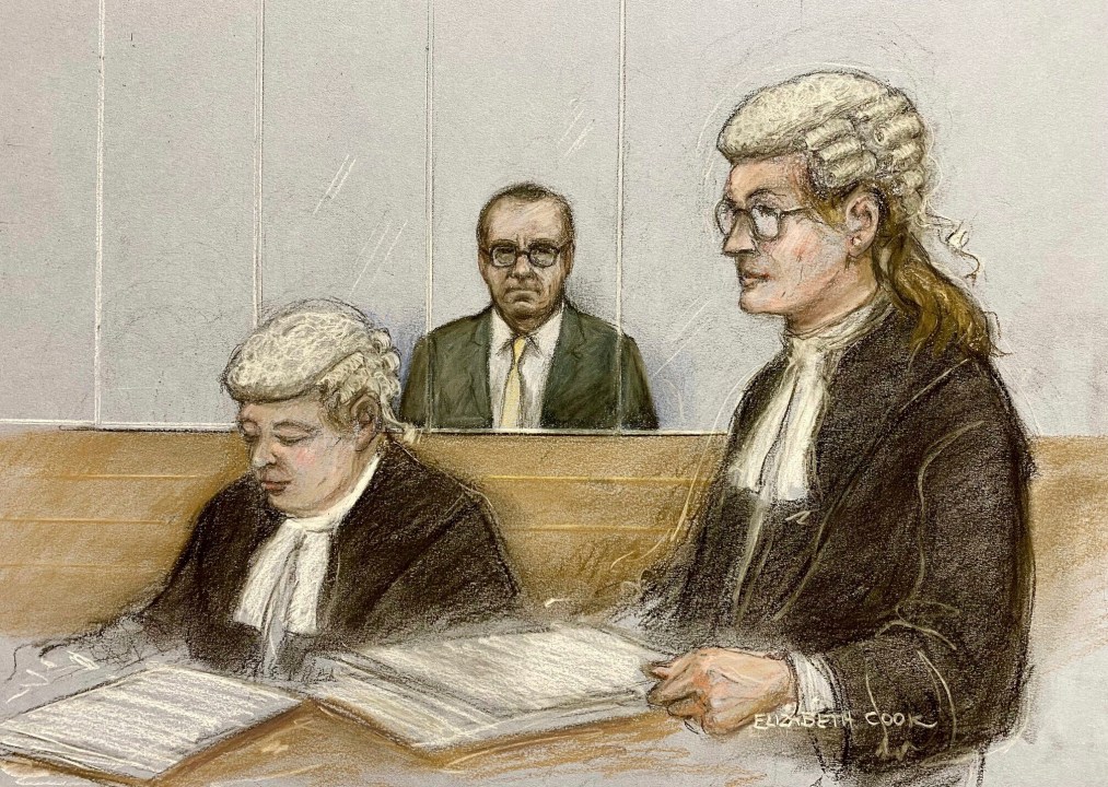Court artist sketch by Elizabeth Cook of actor Kevin Spacey, center, in the dock as he listens to Christine Agnew KC, right, at Southwark Crown Court, London, Friday, June 30, 2023. Spacey is going on trial on charges he sexually assaulted four men as long as two decades ago. The double-Oscar winner faces a dozen charges at Southwark Crown Court. Spacey pleads not guilty to all charges. (Elizabeth Cook/PA via AP)