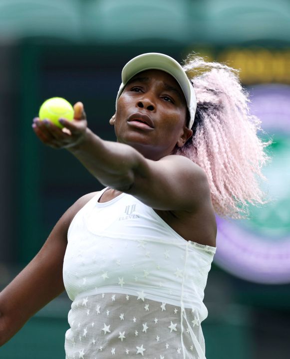 Venus Williams from the US practices at the All England Lawn Tennis and Croquet Club in Wimbledon, England, ahead of the championships which start on Monday, on Thursday June 29, 2023. (Steven Paston/PA via AP)