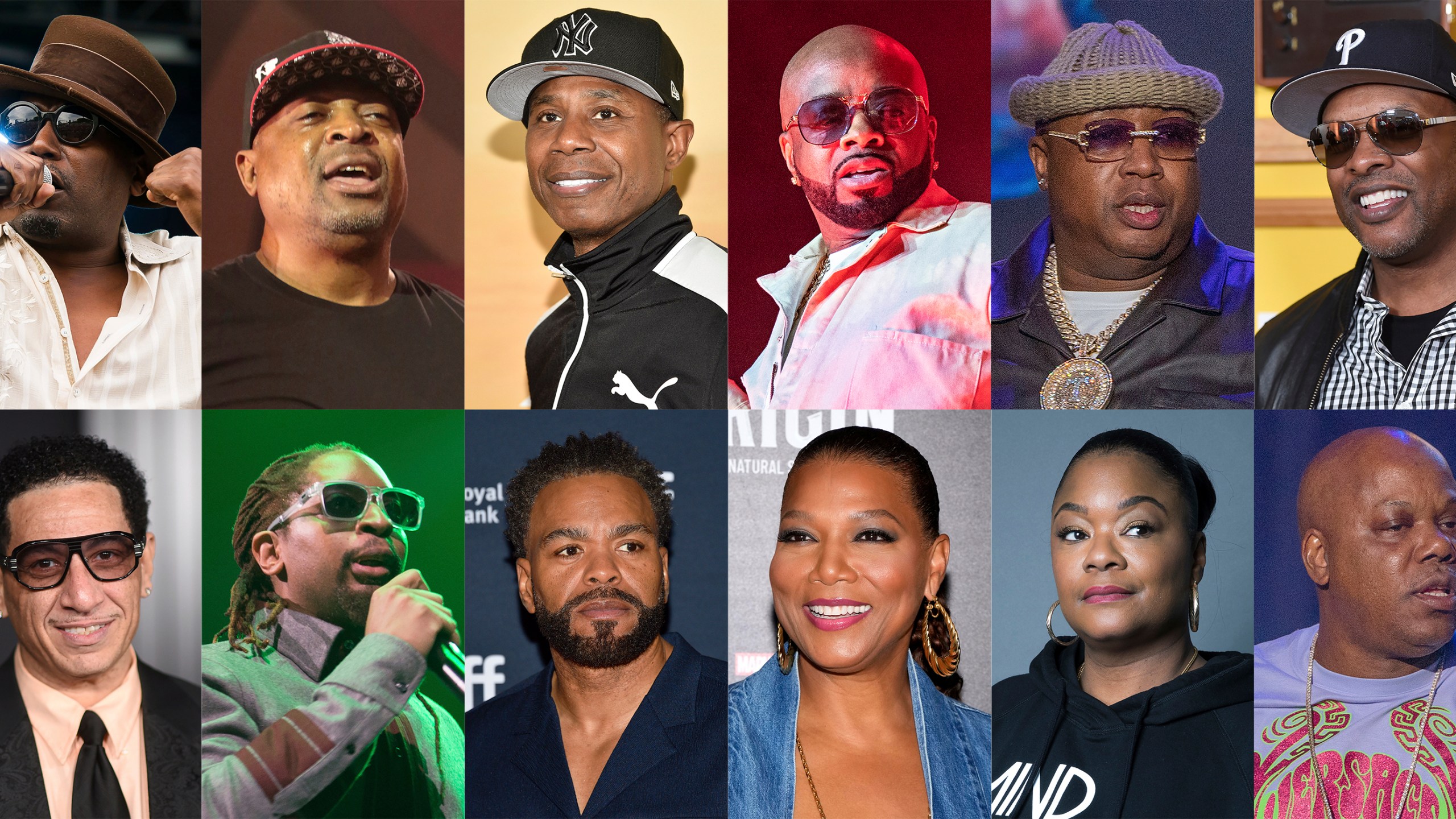 This combination of photos shows, top row from left, Big Daddy Kane, Chuck D, Doug E. Fresh, Jermaine Dupri, E40 and DJ Jazzy Jeff, bottom row from left, Kid Capri, Lil Jon, Method Man, Queen Latifah, Roxanne and Too Short. (AP Photo)