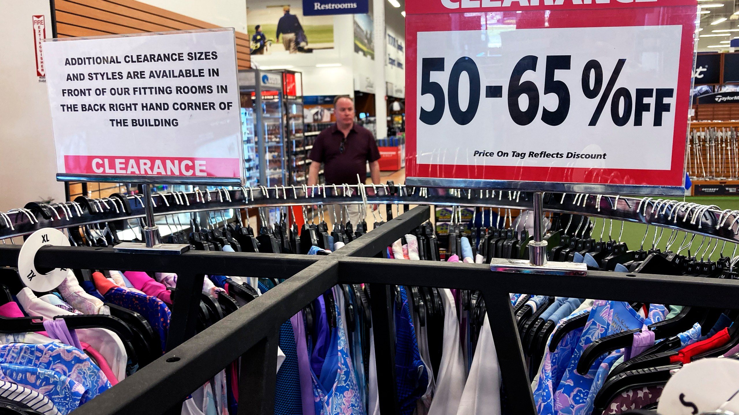 File - A clearance sale sign is displayed at a retail store in Downers Grove, Ill., Wednesday, April 12, 2023. On Thursday, the Labor Department reports on U.S. consumer prices for July. Economists expect the report to show prices rose 3.3%. (AP Photo/Nam Y. Huh, File)