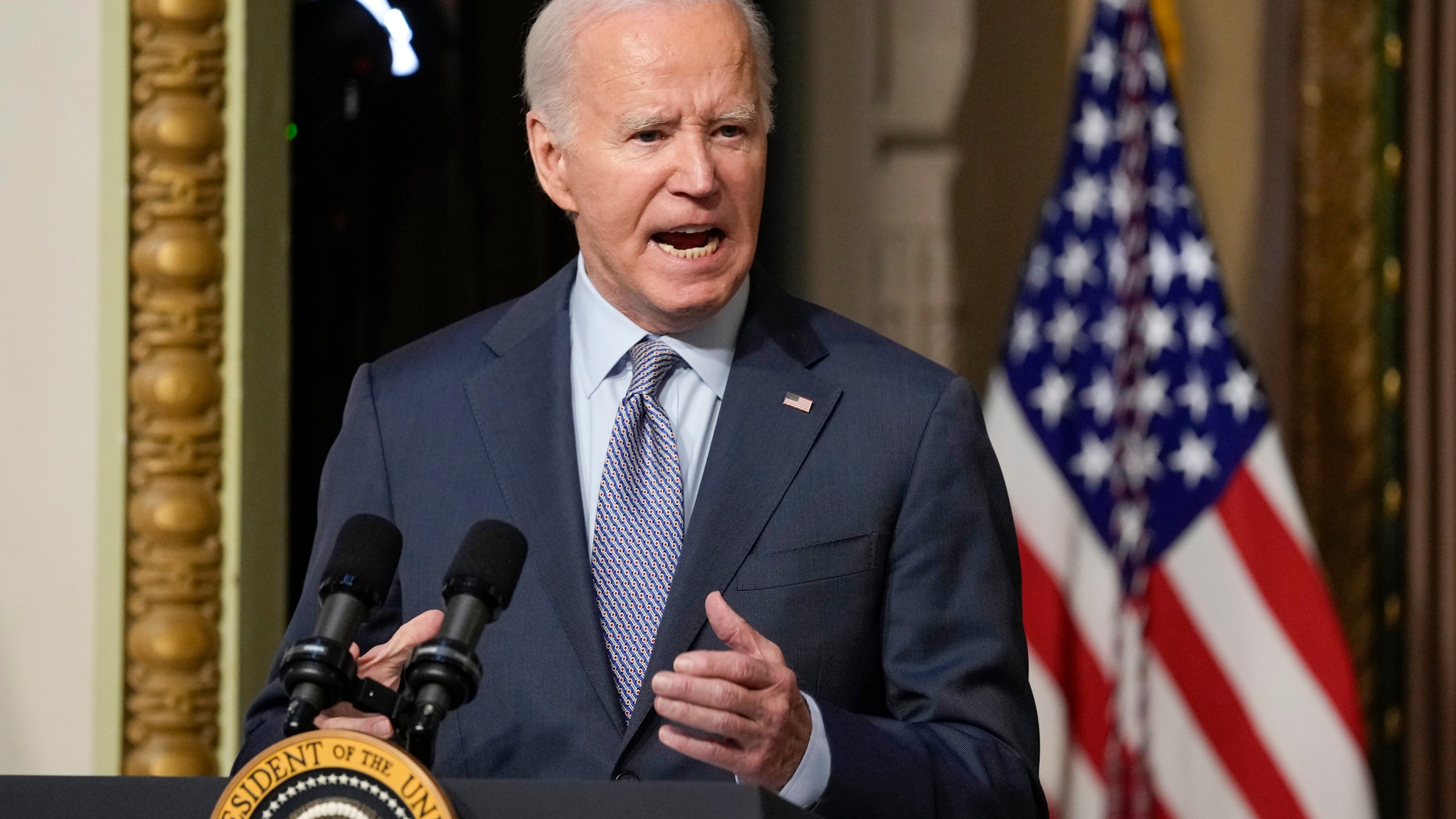 President Joe Biden speaks during a roundtable with Jewish community leaders in the Indian Treaty Room on the White House complex in Washington, Wednesday, Oct. 11, 2023. (AP Photo/Susan Walsh)