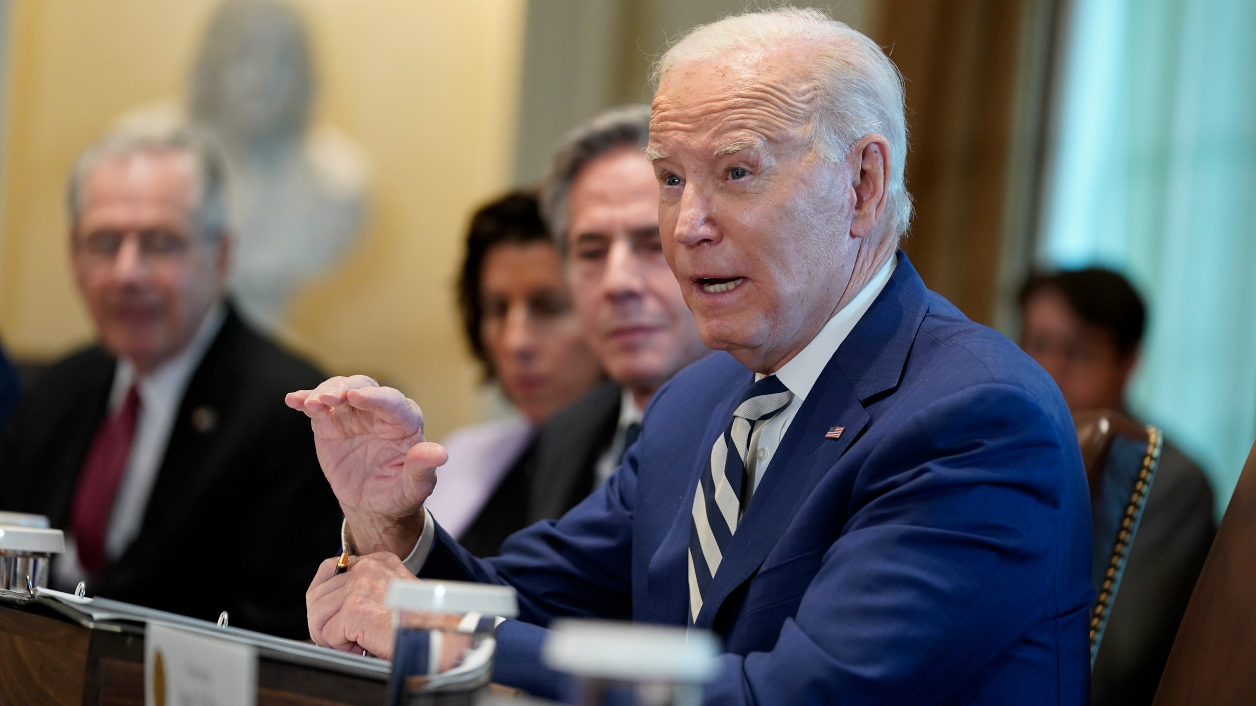 President Joe Biden speaks as he meets with European Council President Charles Michel and European Commission President Ursula von der Leyen in the Cabinet Room of the White House, Friday, Oct. 20, 2023, in Washington. (AP Photo/Evan Vucci)