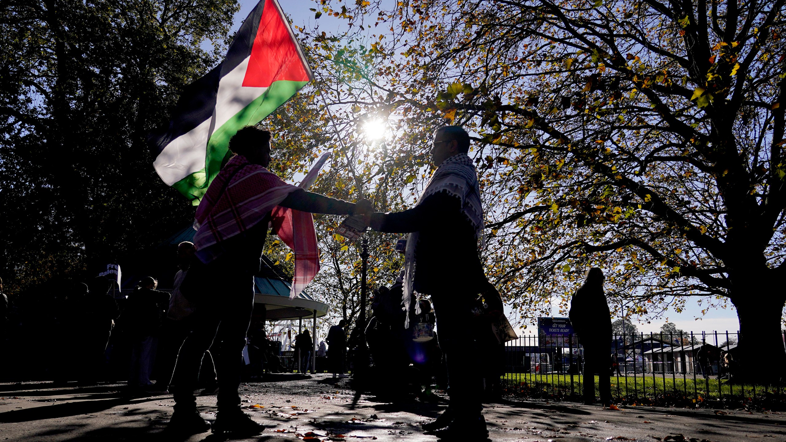 Protesters gather in Hyde Park for a pro-Palestinian protest in London, Saturday, Nov. 11, 2023. (AP Photo/Alberto Pezzali)