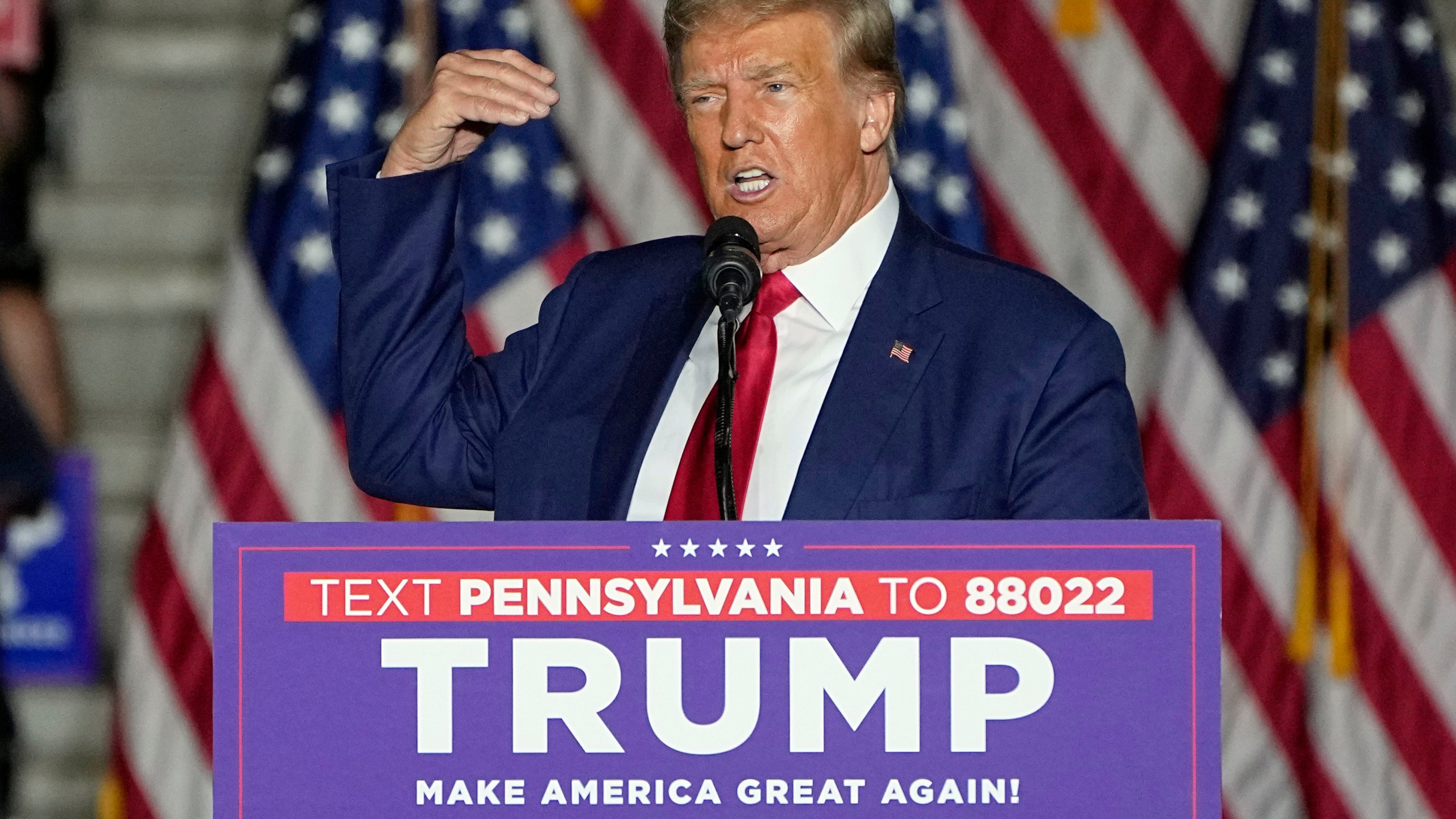 Republican presidential candidate, former President Donald Trump speaks during a campaign rally, July 29, 2023, in Erie, Pa.