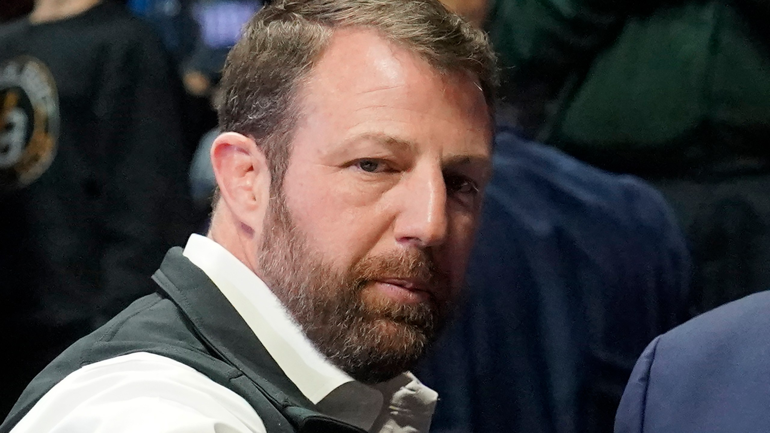 FILE - Sen. Markwayne Mullin, R-Okla., attends NCAA Wrestling Championships, March 18, 2023, in Tulsa, Okla. A Tuesday hearing in the Senate devolved into an angry confrontation between Sen. Markwayne Mullin of Oklahoma and International Brotherhood of Teamsters President Sean O’Brien. Mullin challenged the Teamsters leader to “stand your butt up” and settle longstanding differences right there in the room. (AP Photo/Sue Ogrocki, File)