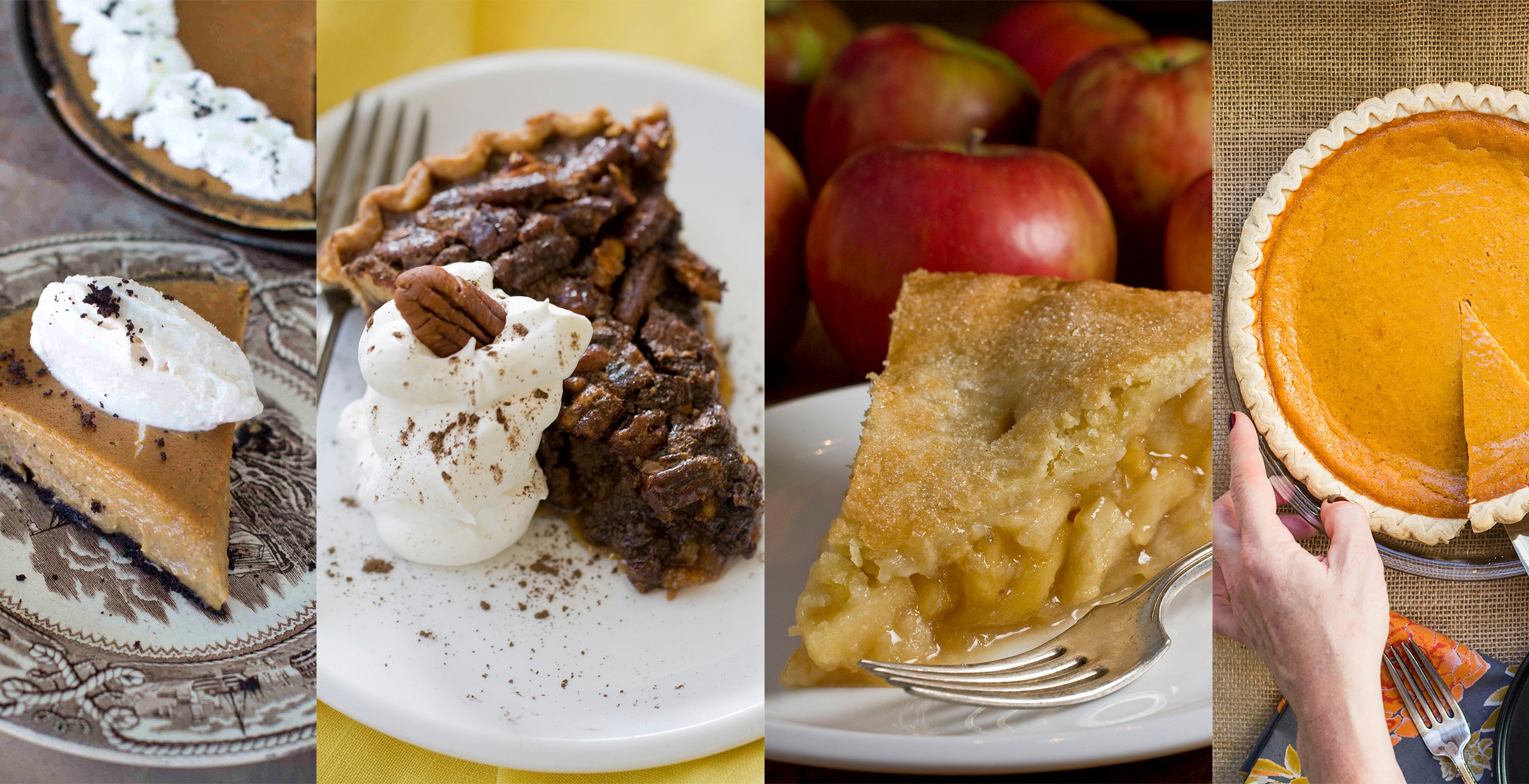 This combination of photos shows various pieces of pie, from left, pumpkin, pecan, apple and sweet potato. The Associated Press-NORC Center for Public Affairs Research looks at the state of the country's Thanksgiving favorites. (AP Photo)