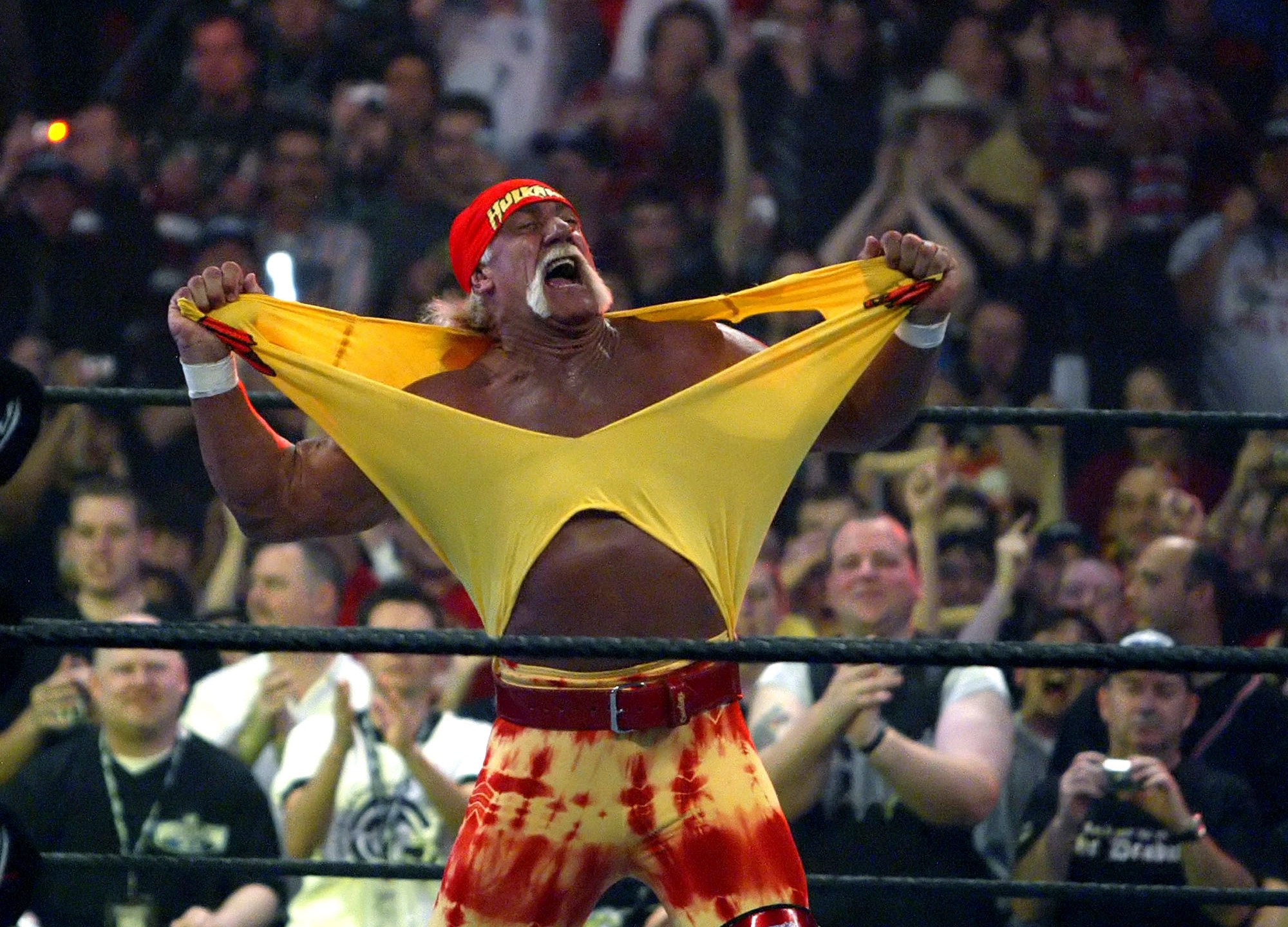 Hulk Hogan fires up the crowd between matches during WrestleMania