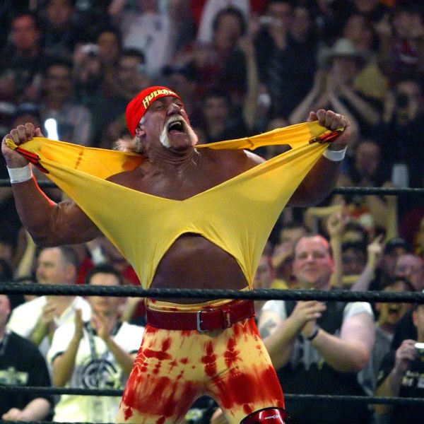 Hulk Hogan fires up the crowd between matches during WrestleMania