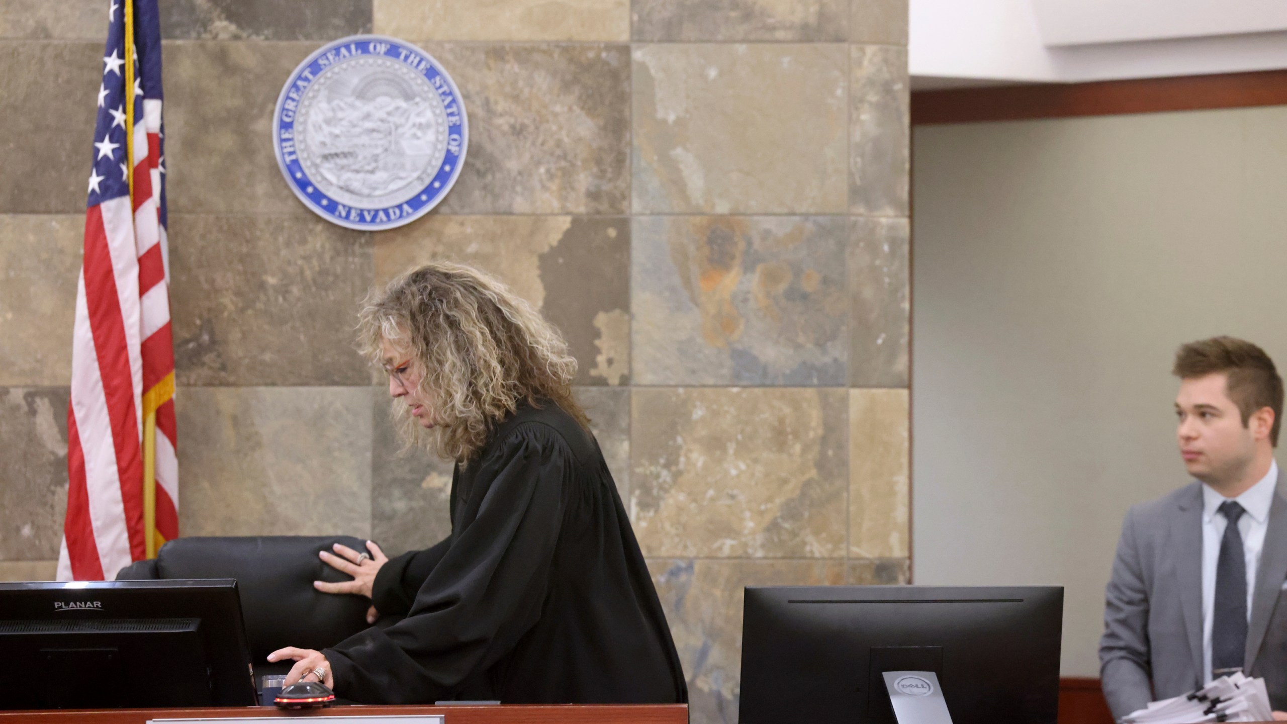 Clark County District Judge Mary Kay Holthus arrives in court for a sentencing hearing for Deobra Redden, who was seen in a viral video attacking Holthus, for the completion of sentencing for Redden at the Regional Justice Center in Las Vegas, on Monday, Jan. 8, 2024. Redden was sentenced Monday to up to four years in prison in an unrelated case that was in connection with a baseball bat attack on a person last year. (K.M. Cannon/Las Vegas Review-Journal via AP)