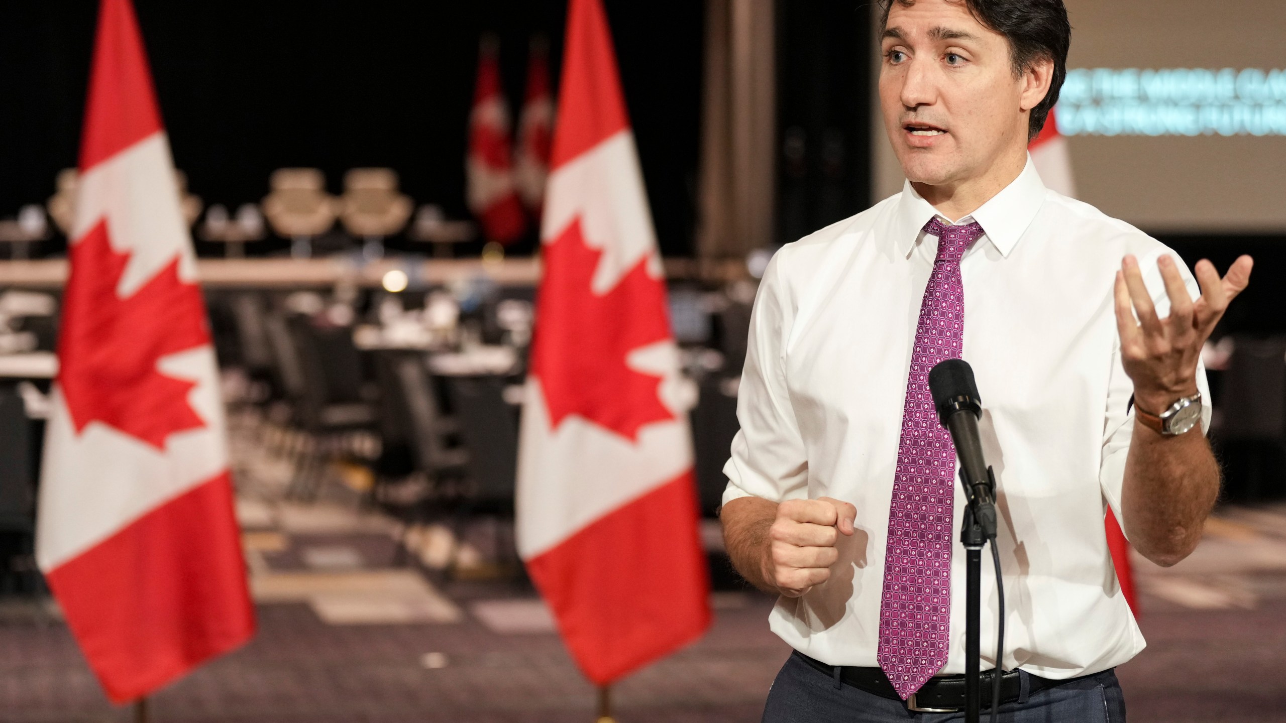 Canadian Prime Minister Justin Trudeau speaks to the media during the federal Cabinet retreat, Tuesday, Jan. 23, 2024, in Montreal. During the Cabinet retreat, Trudeau said Canada's government is preparing for the possibility that Donald Trump could reach the White House again and the “uncertainty” that would bring. (Christinne Muschi/The Canadian Press via AP)