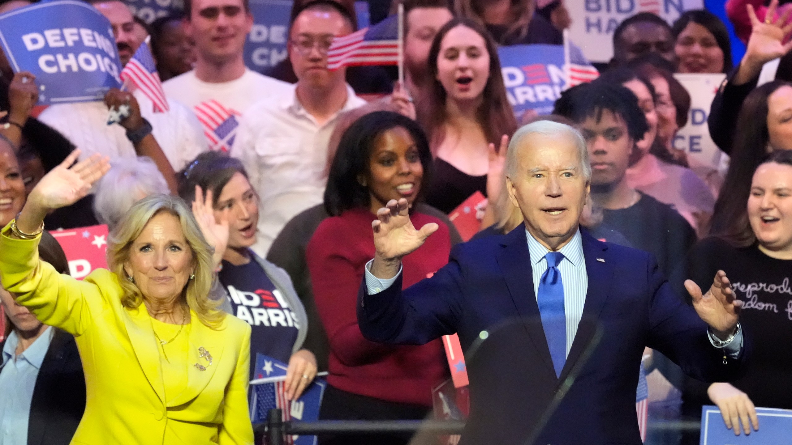 President Joe Biden is joined on stage by first lady Jill Biden at an event on the campus of George Mason University in Manassas, Va., Tuesday, Jan. 23, 2024, to campaign for abortion rights, a top issue for Democrats in the upcoming presidential election. (AP Photo/Alex Brandon)