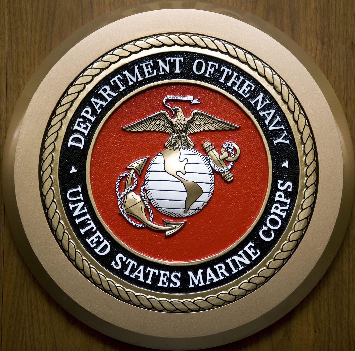 The US Department of the Navy, US Marine Corps, seal hangs on the wall February 24, 2009, at the Pentagon in Washington, DC. (PAUL J. RICHARDS/AFP via Getty Images)