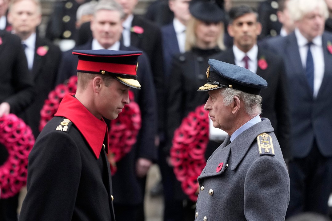 FILE - Britain's King Charles III and Prince William attend the Remembrance Sunday service at the Cenotaph on Whitehall in London, Sunday, Nov. 12, 2023. King Charles III has been diagnosed with a form of cancer and has begun treatment, Buckingham Palace said Monday Feb. 5, 2024. Less than 18 months into his reign, the 75-year-old monarch will suspend public duties but will continue with state business, and won't be handing over his constitutional roles as head of state. (AP Photo/Kin Cheung, Pool, File)