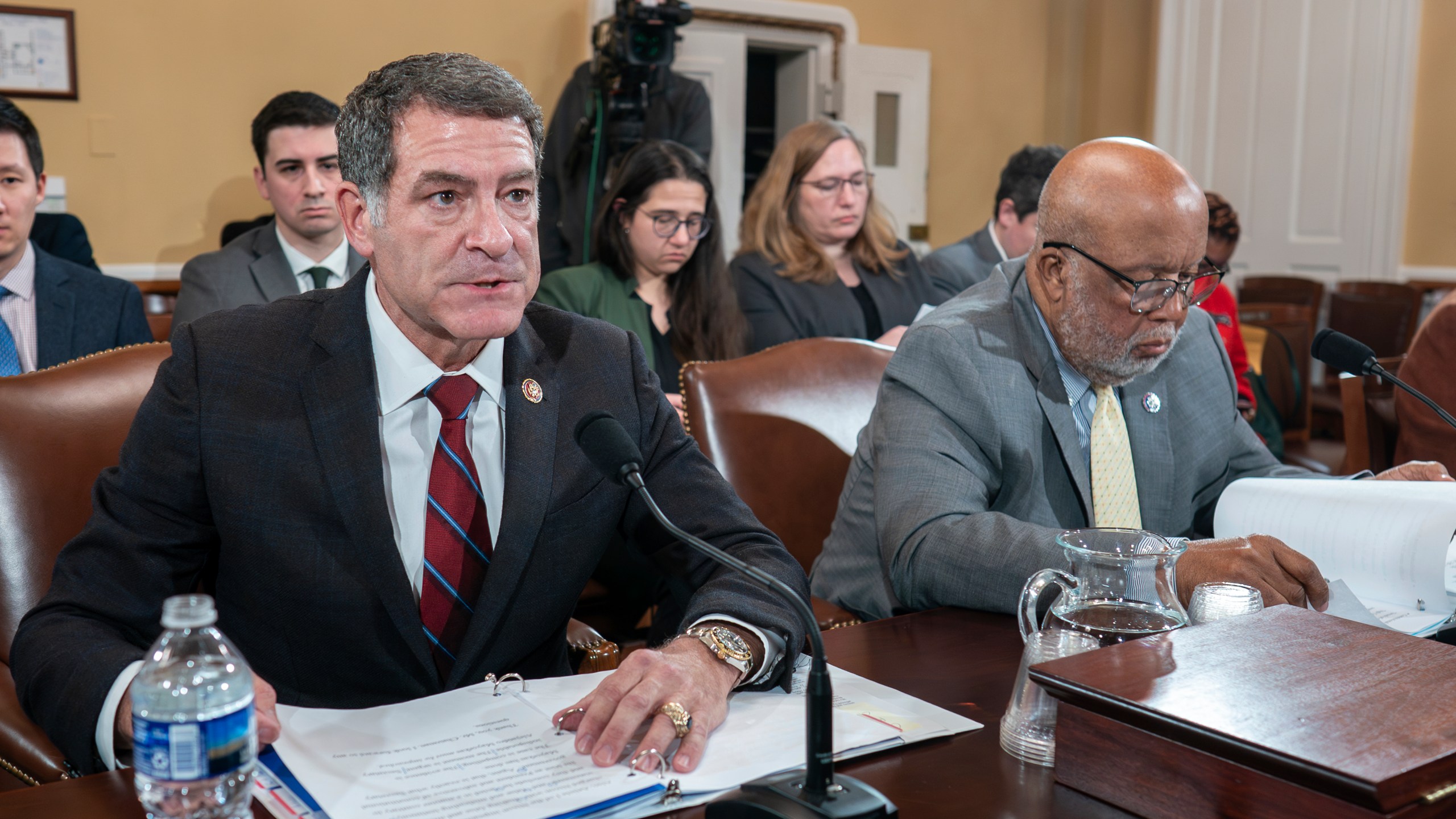 House Homeland Security Committee Chairman Mark Green, R-Tenn., joined at right by Rep. Bennie Thompson, D-Miss., the ranking member, delivers a statement as the House Rules Committee meets to prepare the articles of impeachment against Homeland Security Secretary Alejandro Mayorkas for a floor vote, at the Capitol in Washington, Monday, Feb. 5, 2024. (AP Photo/J. Scott Applewhite)