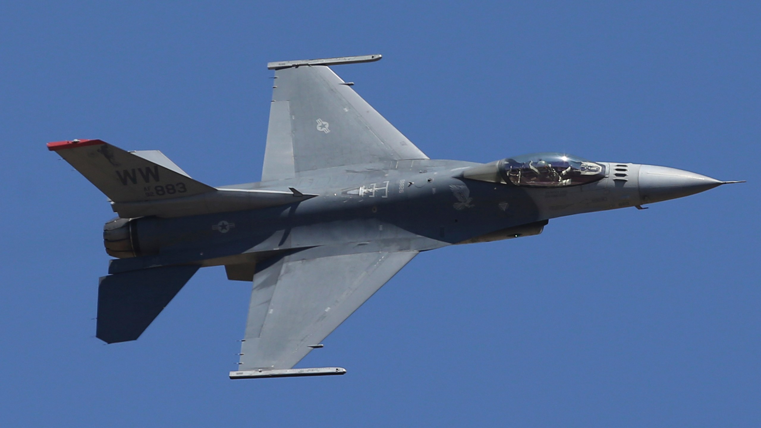 A U.S. fighter aircraft F-16 mid-air