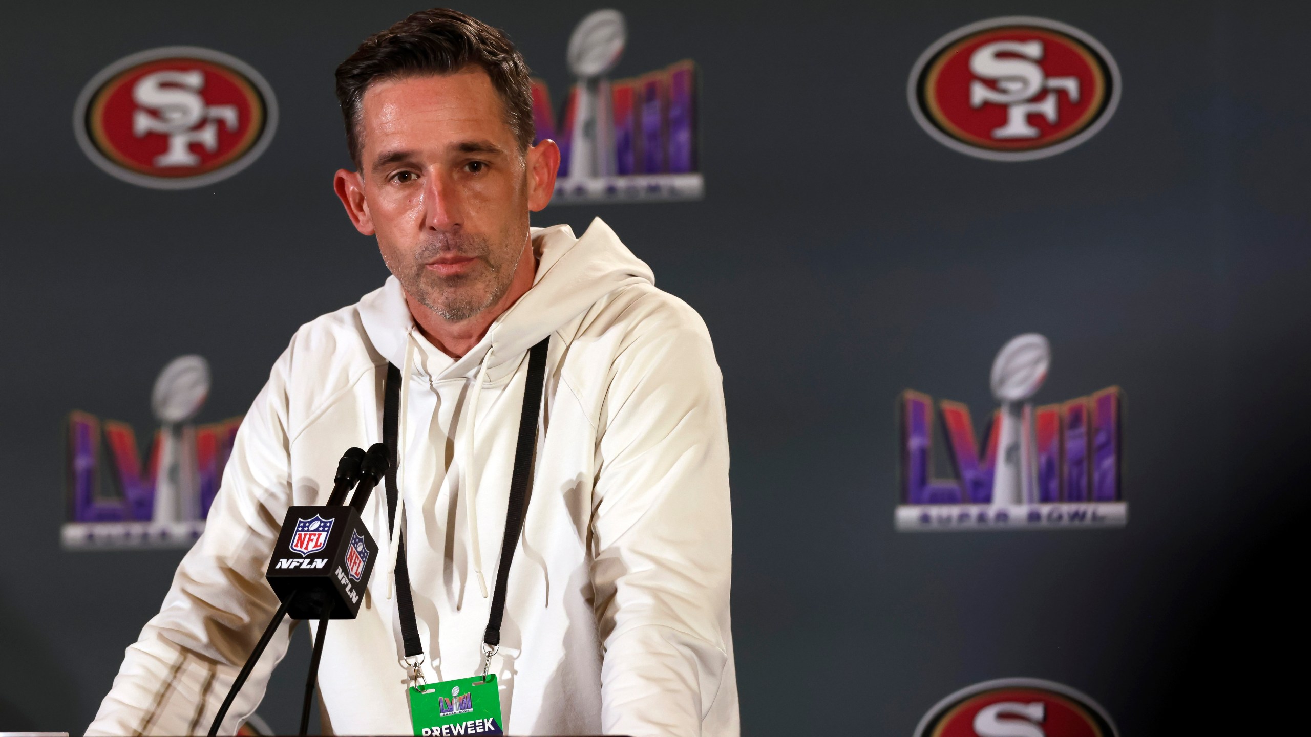 San Francisco 49ers head coach Kyle Shanahan listens to a reporter's question during a news conference for Super Bowl LVIII in Las Vegas, Tuesday, Feb. 6, 2024. (Carlos Avila Gonzalez/San Francisco Chronicle via AP)