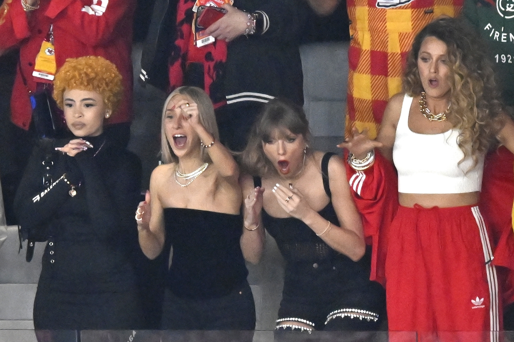 Blake Lively and Taylor Swift cheer in the stands at the Super Bowl