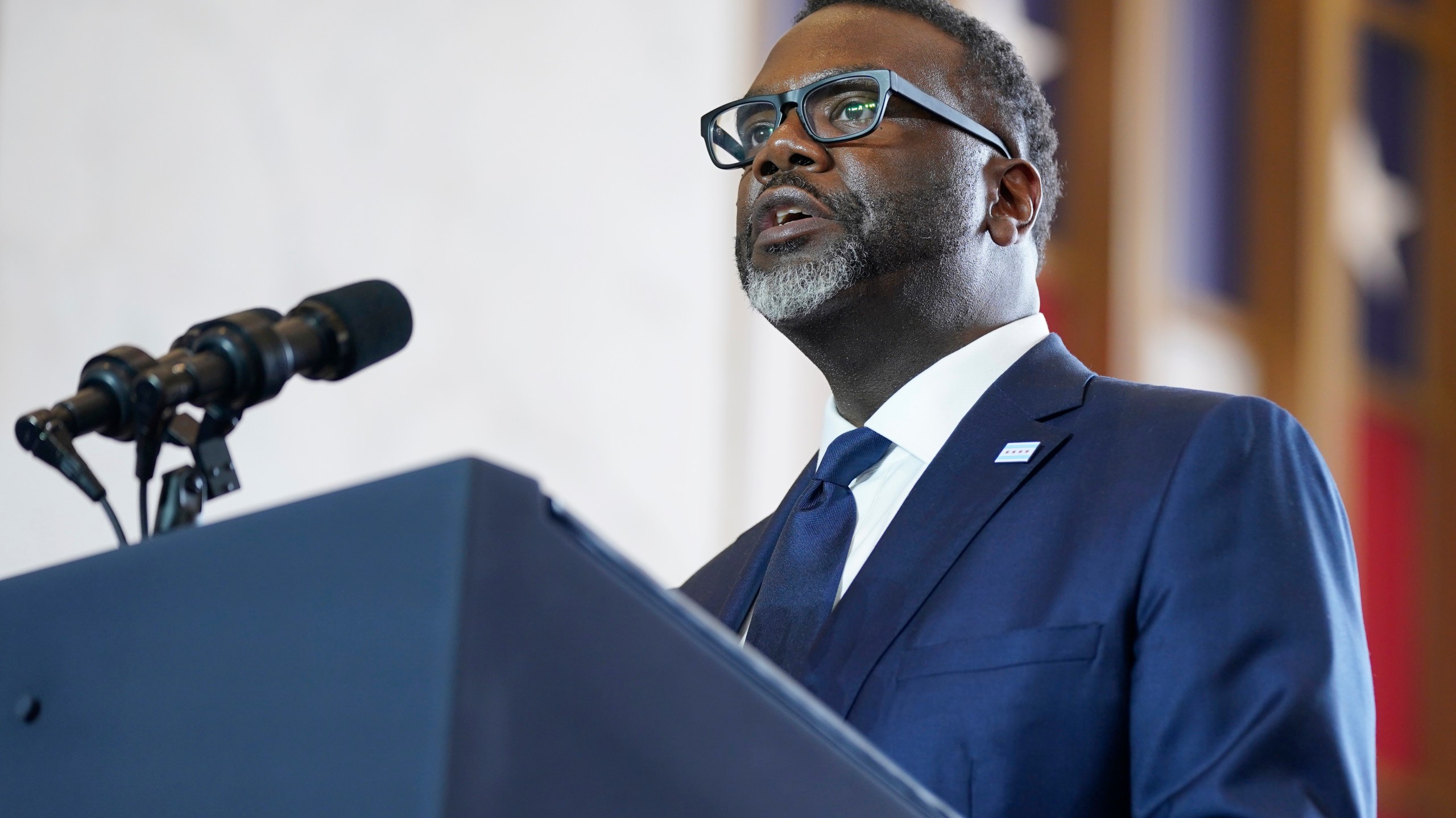 FILE - Chicago Mayor Brandon Johnson, addresses a crowd, June 28, 2023, at the Old Post Office in Chicago. Chicago won't renew its contract for a controversial gunshot detection system and end the use of ShotSpotter technology later this year, Mayor Johnson’s office announced Tuesday, Feb. 13, 2024. (AP Photo/Evan Vucci, file)
