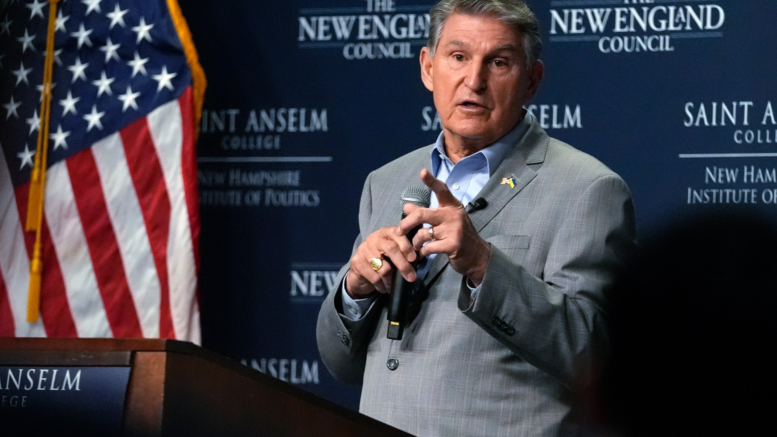 FILE - Sen. Joe Manchin, D-W.Va., speaks during the Politics and Eggs event, Jan. 12, 2024, in Manchester, N.H. Manchin announced Friday, Feb. 16, that he is not running for president, according to his spokesman Jon Kott. Manchin is not running for reelection in 2024. His Senate seat in a heavily Republican state is expected to be a prime pickup opportunity for the GOP. (AP Photo/Charles Krupa, File)