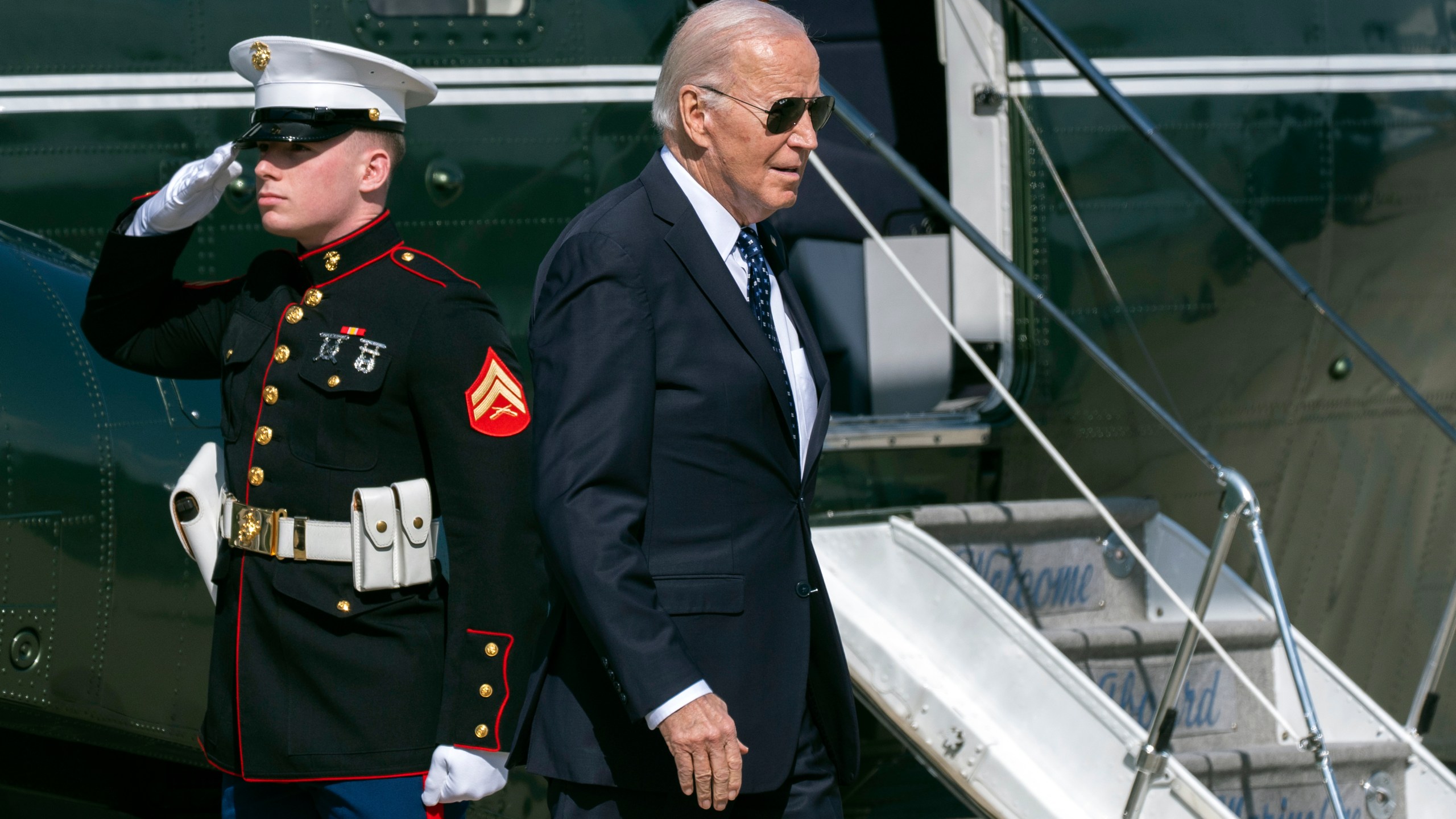 FILE - President Joe Biden arrives on Marine One in Mountain View, Calif., for a campaign fundraiser, Feb. 22, 2024. Biden doesn't discuss the death penalty much today. Former President Donald Trump, meanwhile, vows in his campaign speeches to seek execution for drug dealers as part of a national crackdown on crime. Capital punishment may not be dominating the 2024 presidential race, but it could quickly seize the political spotlight after November. (AP Photo/Manuel Balce Ceneta, File)