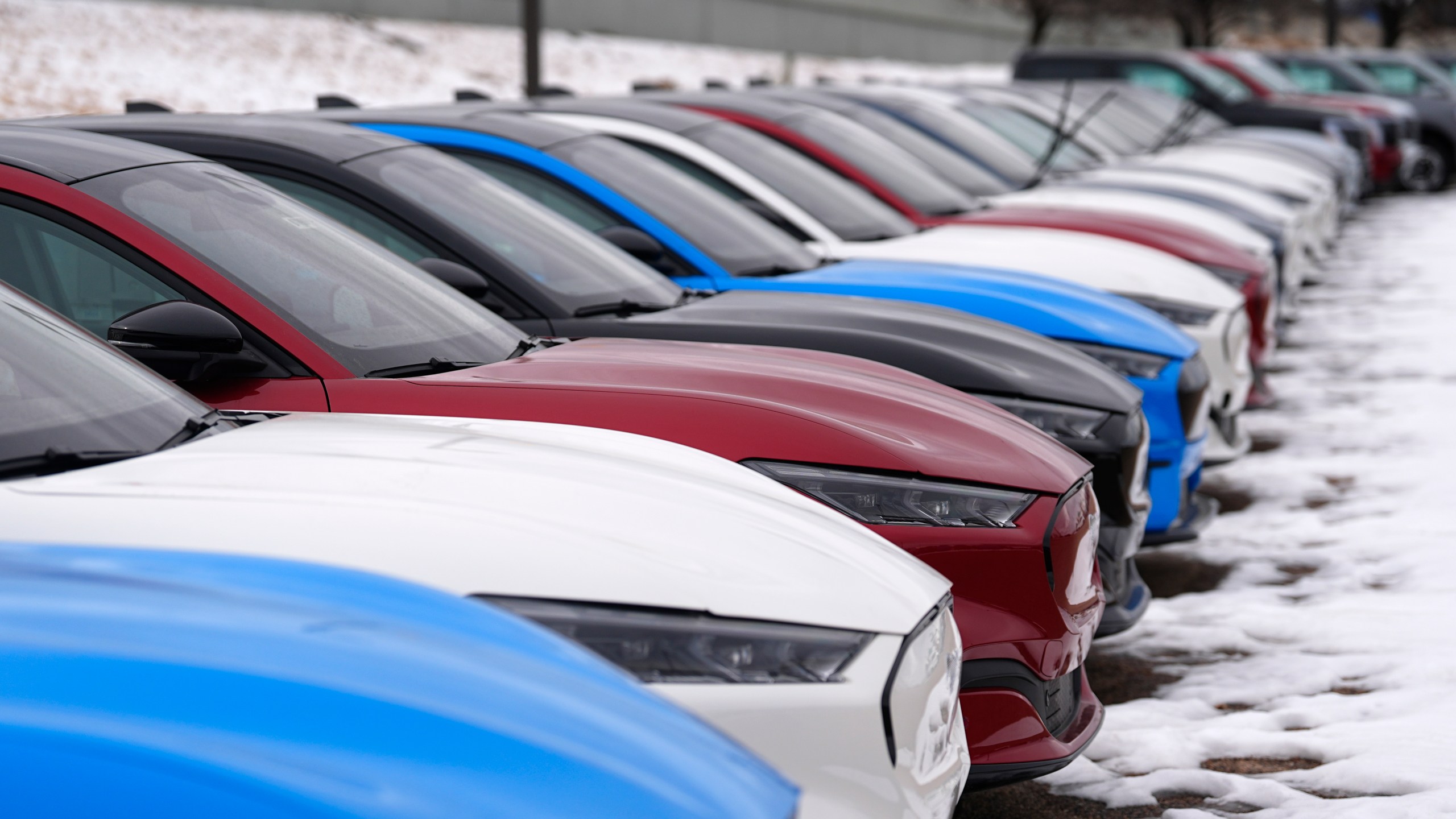 FILE - Unsold 2024 Mustang Mach-E electric vehicles sit at a Ford dealership, Jan. 21, 2024, in Broomfield, Colo. Automobile prices, which had been fueling inflation in the U.S., are starting to drop, helping to slow overall consumer price increases and giving buyers hope of getting a deal. (AP Photo/David Zalubowski, File)