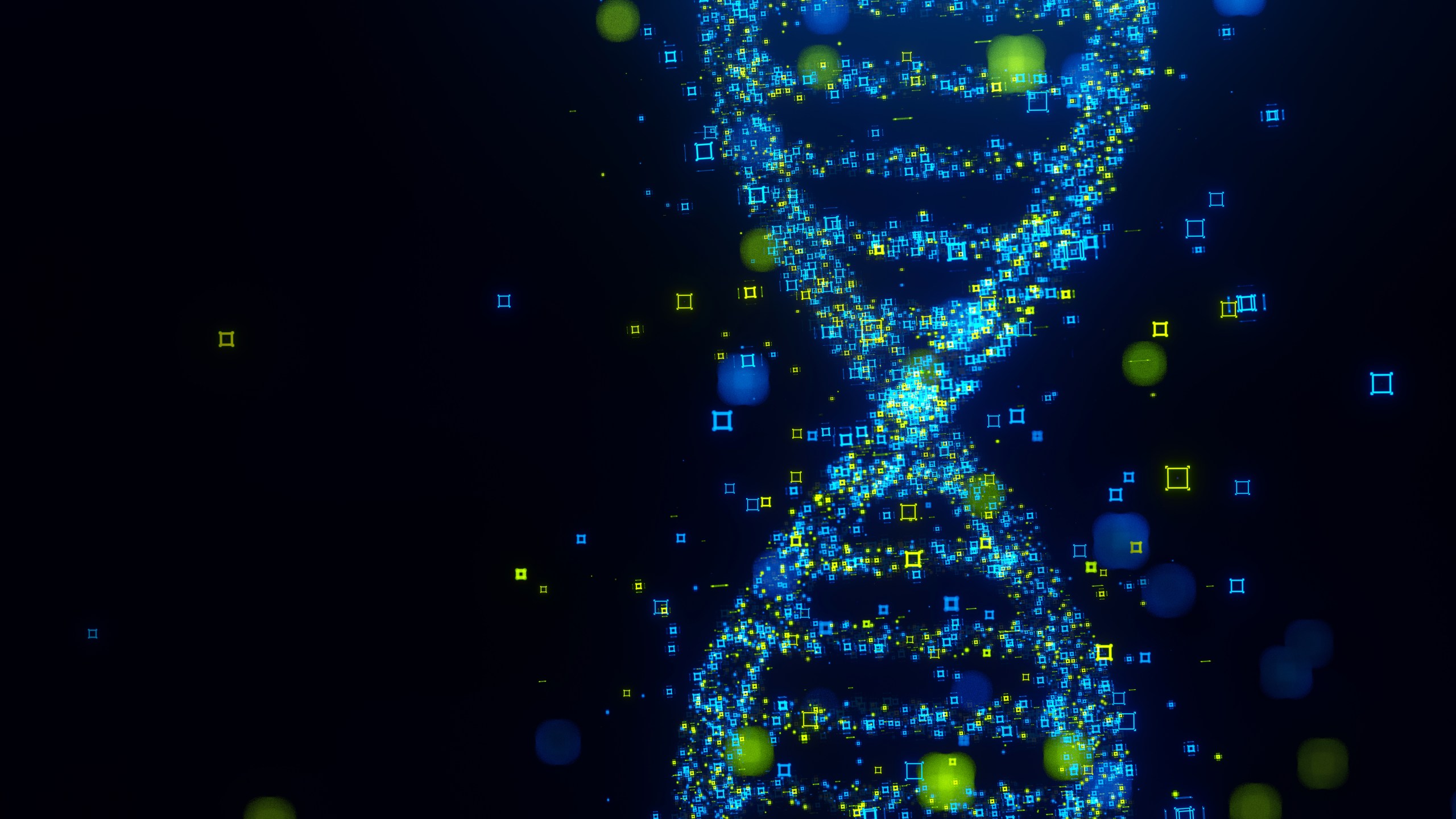 Digital generated image of DNA made out of blue and green data on black background.