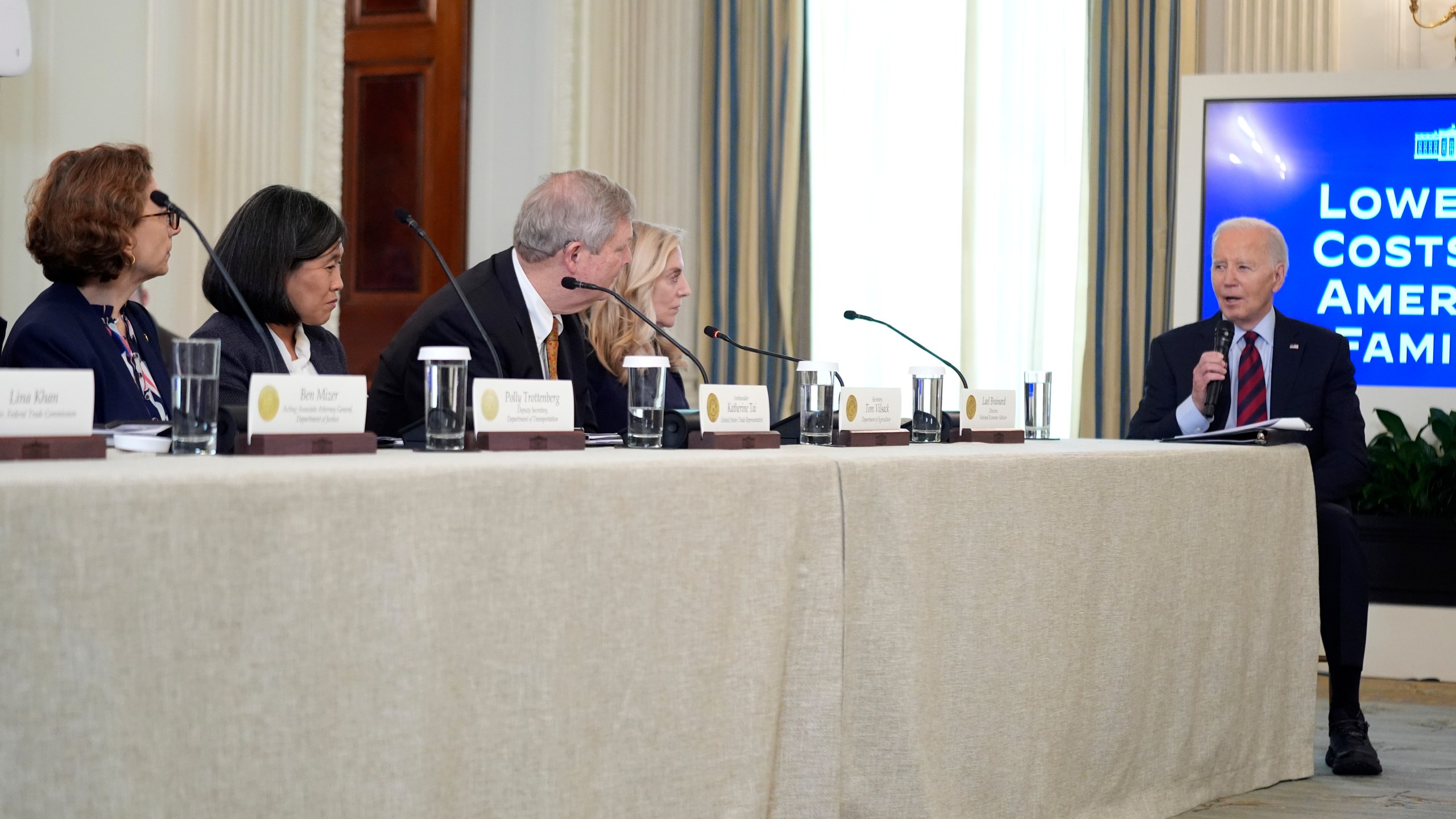 President Joe Biden speaks during a meeting of his Competition Council to announce new actions to lower costs for families in the State Dining Room of the White House in Washington, Tuesday, March 5, 2024. (AP Photo/Andrew Harnik)