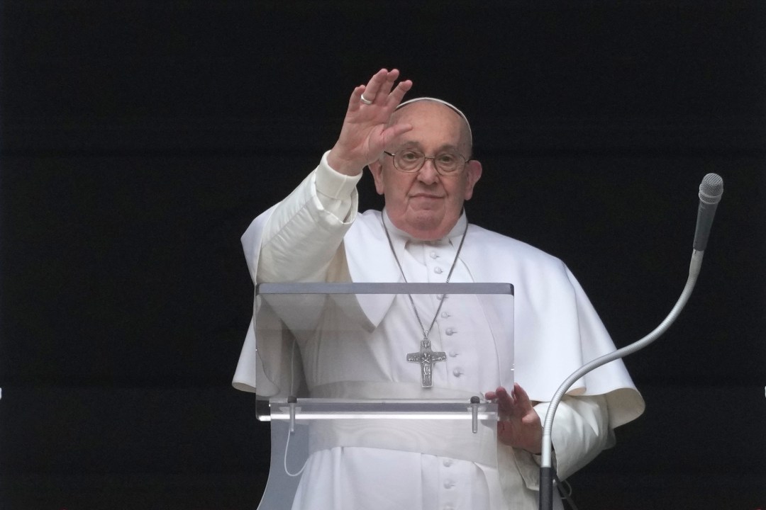 FILE - Pope Francis waves during the Angelus noon prayer from the window of his studio overlooking St.Peter's Square, at the Vatican, on March 10, 2024. The clergy sexual abuse scandal is slowly gathering steam in Italy with increasing media coverage, criminal convictions and the launch Monday, Marcg 11, 2024, of an investigative podcast dedicated to a case that tangentially involved Pope Francis. (AP Photo/Alessandra Tarantino)