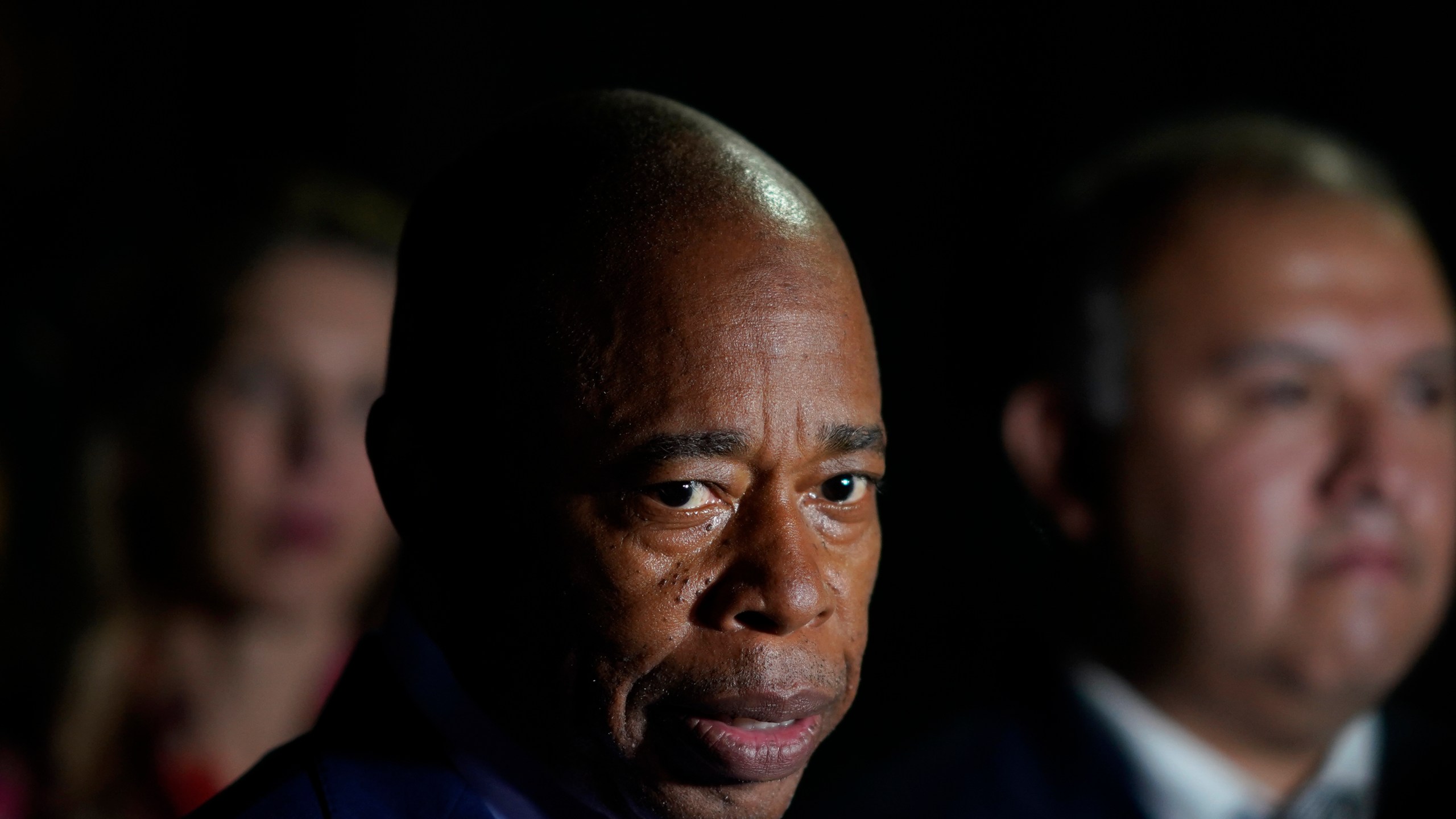 The Mayor of New York, Eric Adams, talks to the press in front of the Basilica of Our Lady of Guadalupe after a visit to the image of the Virgin of Guadalupe in Mexico City, Oct. 4, 2023. Mayor Adams nixed a planned Sunday, March 24, 2024 trip to the U.S.-Mexico border over security concerns. Adams was slated to depart Saturday night to visit Brownsville and McAllen, Texas. The Democrat was expected to meet with U.S. immigration leaders as his city struggles to house new migrants seeking asylum. (AP Photo/Eduardo Verdugo, file)