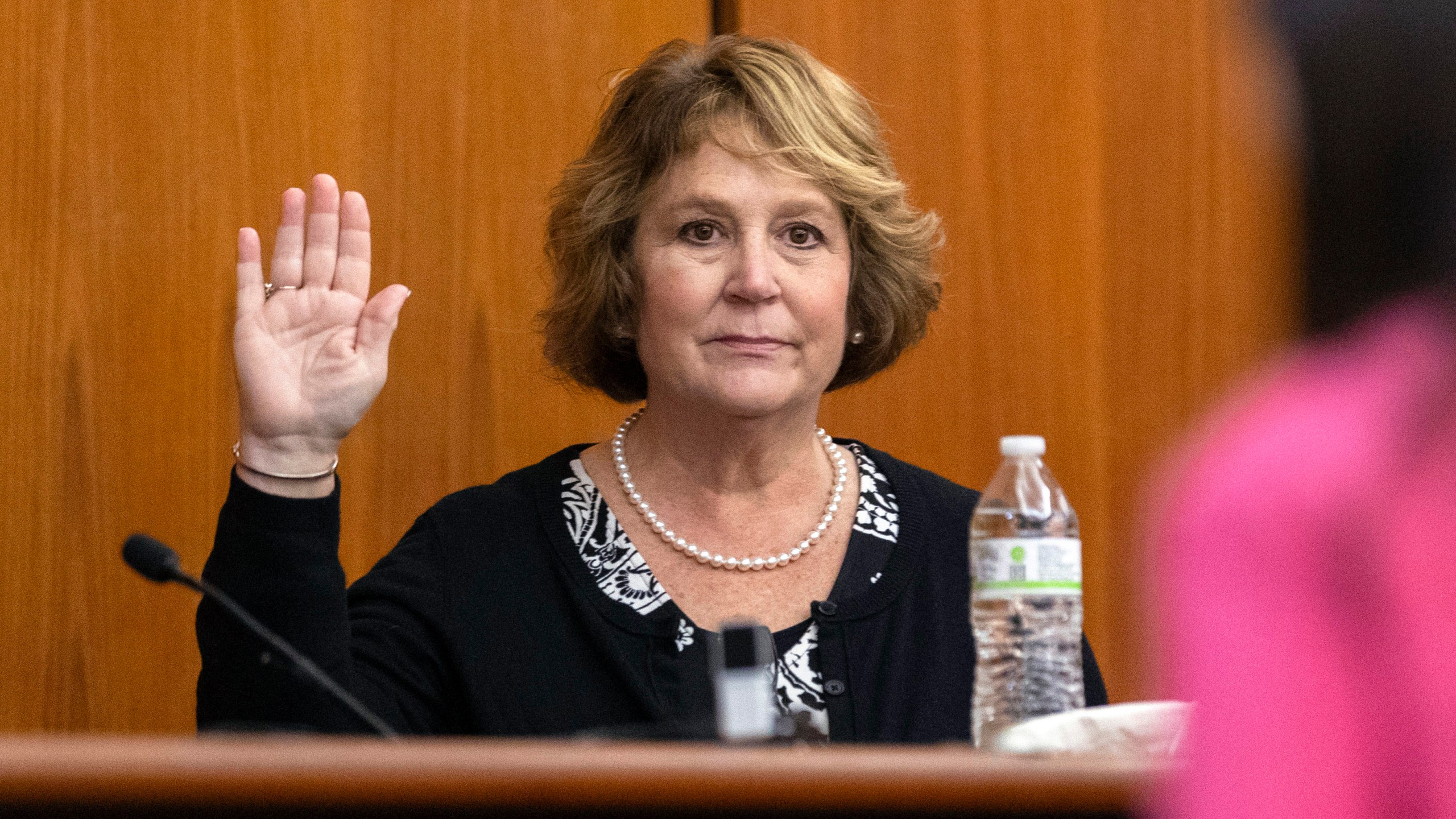 FILE- Colleton County Clerk of Court Rebecca Hill is sworn in before taking the stand to testify during the Alex Murdaugh jury-tampering hearing at the Richland County Judicial Center, Monday, Jan. 29, 2024, in Columbia, S.C. Hill, under investigation amid allegations of tampering with the jury in the Alex Murdaugh trial, announced her resignation on Monday, March 25, 2024. (Andrew J. Whitaker/The Post And Courier via AP, Pool, File)
