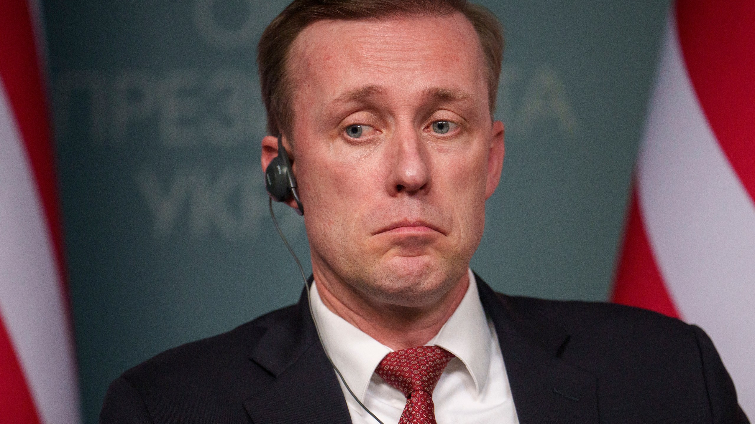 White House national security adviser Jake Sullivan grimaces during a joint press conference with the head of the Office of the President of Ukraine Andriy Yermak in Kyiv, Ukraine, Wednesday, March 20, 2024. (AP Photo/Vadim Ghirda)