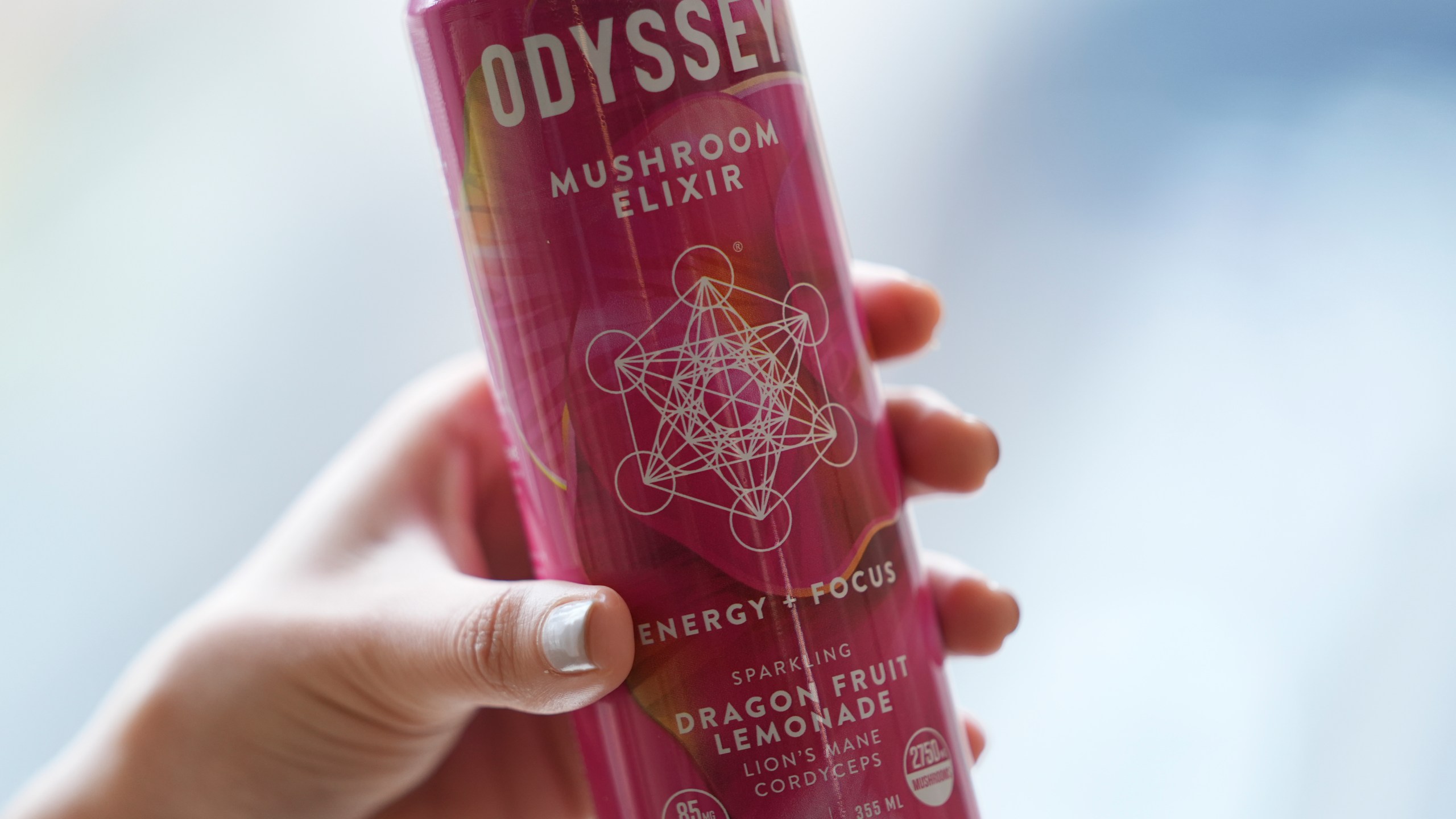 A can of Odyssey mushroom elixir is shown, Wednesday, April 10, 2024, in New York. Hundreds of brands of functional beverages - drinks designed to do more than just taste good or hydrate - are vying for consumers’ attention. (AP Photo/John Minchillo)
