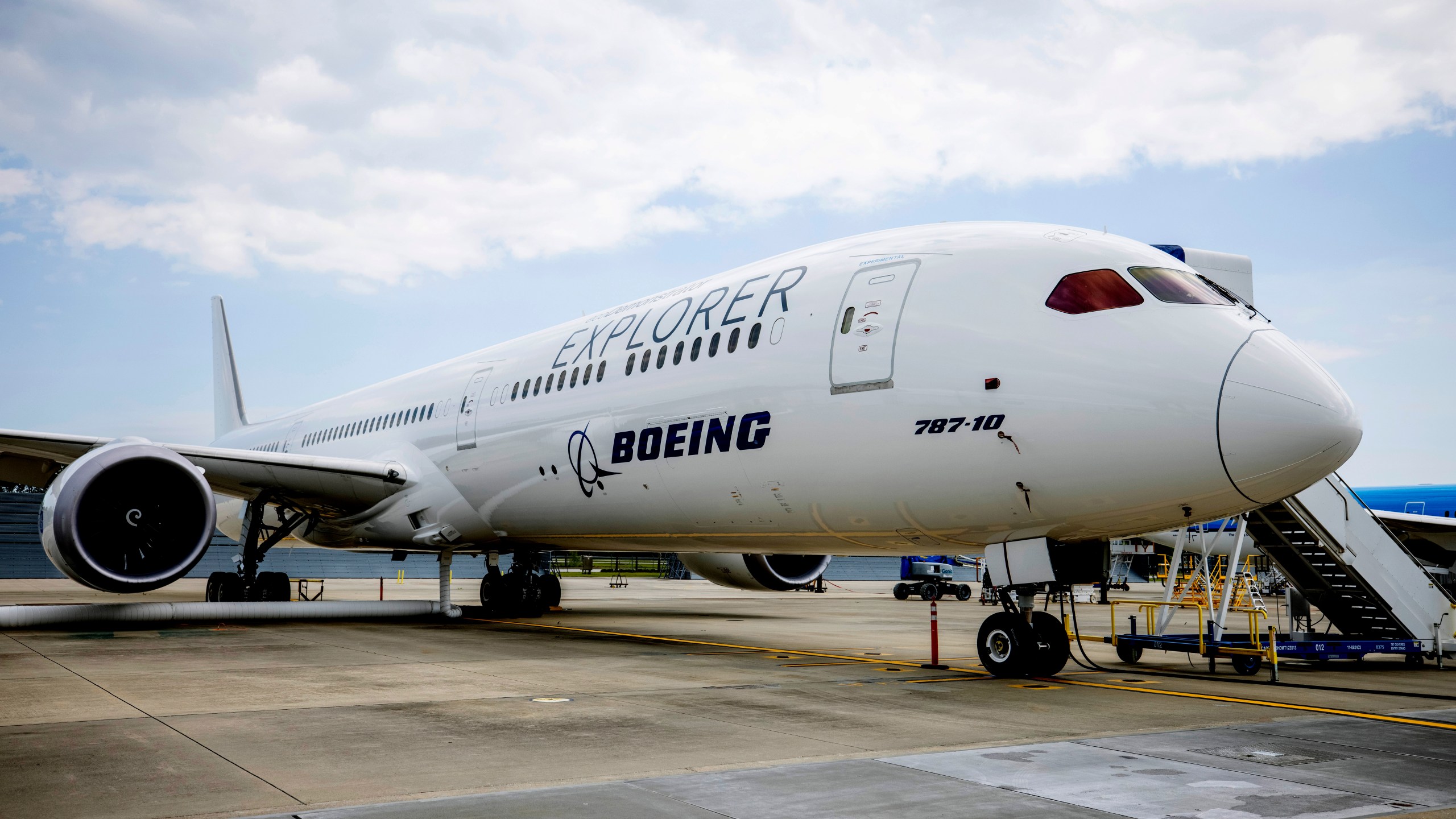 A Boeing ecoDemonstrator Explorer, a 787-10 Dreamliner, sits on the tarmac