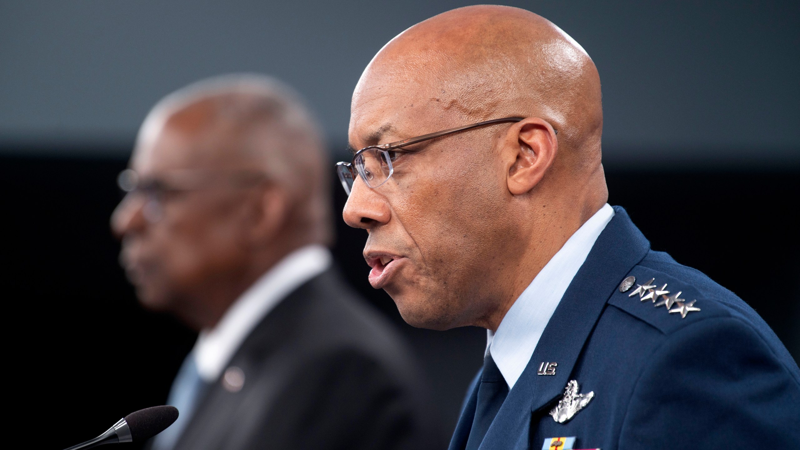 Chairman of the Joint Chiefs Of Staff Gen. Charles Q. Brown, Jr., right, speaks during a press briefing at the Pentagon with Defense Secretary Lloyd Austin on Monday, May 20, 2024 in Washington. (AP Photo/Kevin Wolf)