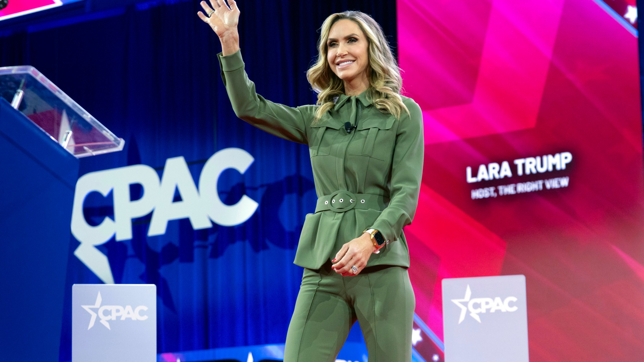 FILE - Lara Trump waves to the crowd before she speaks during the Conservative Political Action Conference, CPAC 2024, at the National Harbor in Oxon Hill, Md., Thursday, Feb. 22, 2024. (AP Photo/Jose Luis Magana, File)