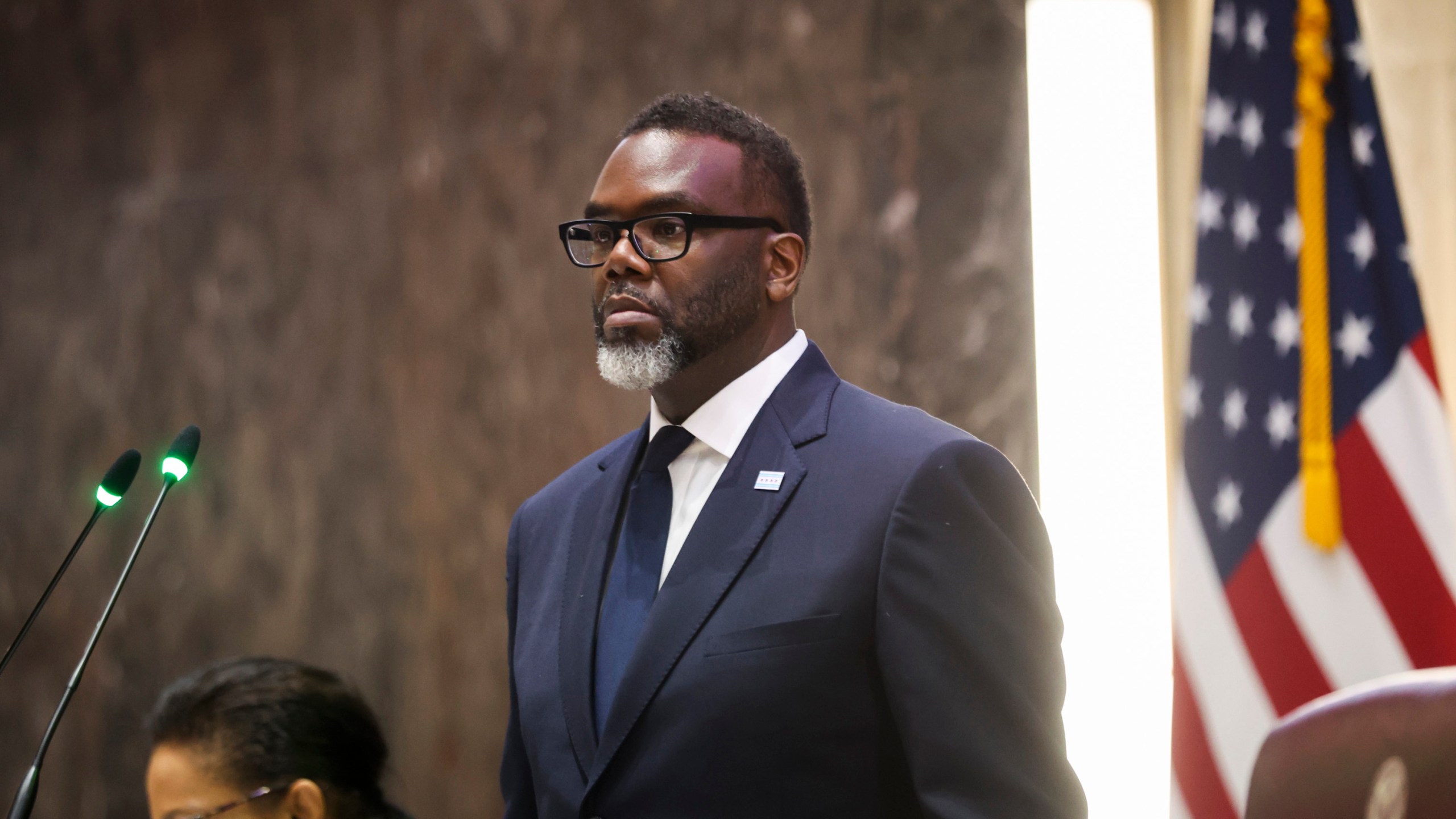 Chicago Mayor Brandon Johnson speaking at a City Council meeting