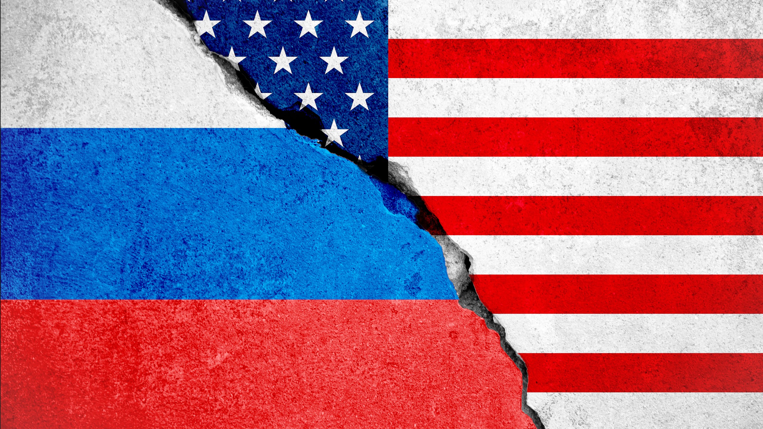 united states of america flag on broken damage wall and half russian white red blue color flag, relationship crisis between russia and usa