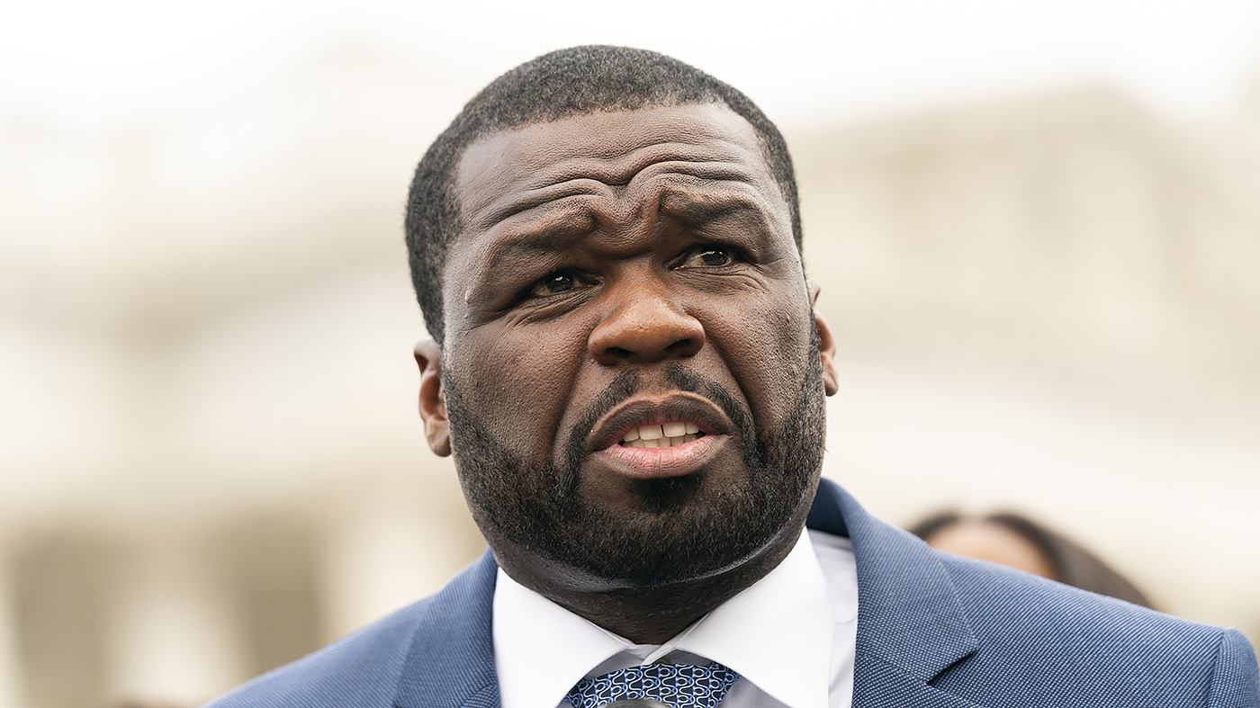 Curtis '50 Cent' Jackson addresses reporters.