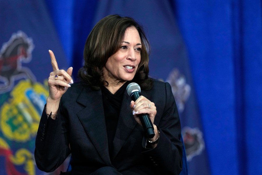 FILE - Vice President Kamala Harris speaks during a campaign event in Elkins Park, Pa., May 8, 2024. Harris spent part of a Tuesday, June 4 episode of "Jimmy Kimmel Live!" rehashing how she found out about former president Donald Trump's conviction on 34 felony counts in his criminal hush money trial. (AP Photo/Matt Rourke, File)