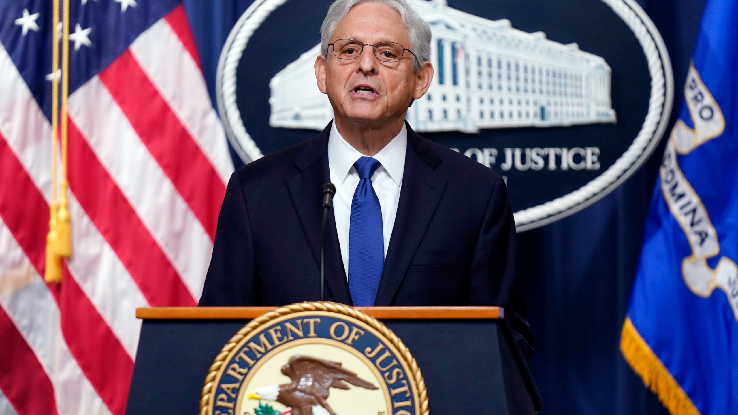 FILE - Attorney General Merrick Garland speaks at the Department of Justice, Aug. 11, 2023, in Washington. The Justice Department says Garland will not be prosecuted for contempt of Congress after refusing to turn over audio of President Joe Biden's interview in his classified documents case because his actions "did not constitute a crime." (AP Photo/Stephanie Scarbrough)