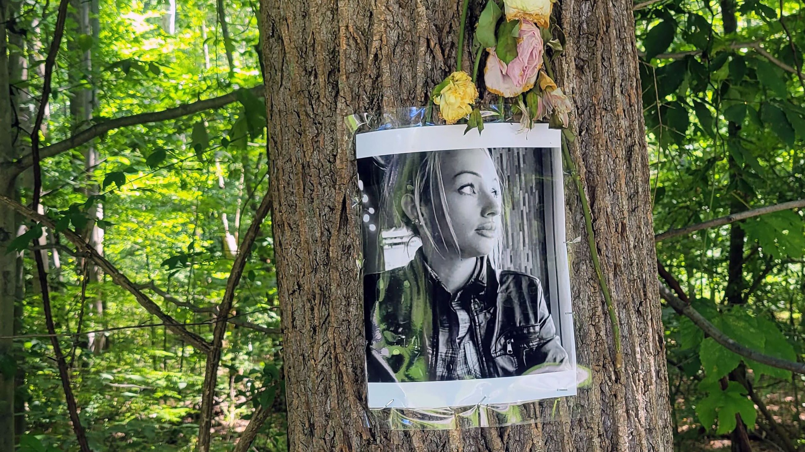 A black-and-white picture of Rachel Morin placed on a tree with flowers on top of it
