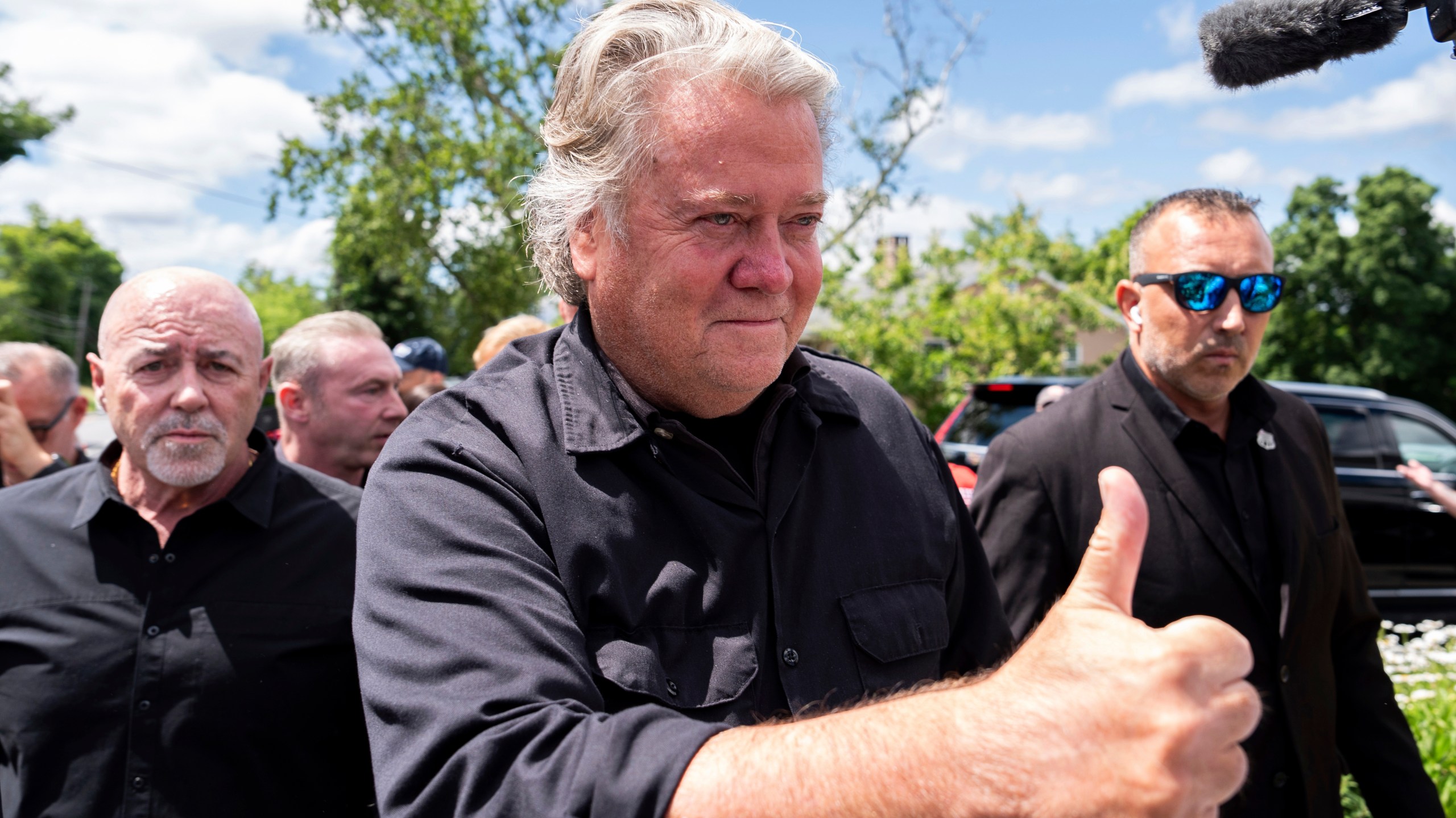 Steve Bannon arrives to speak outside Danbury Federal Correctional Institution, Monday, July 1, 2024, in Danbury, Conn. (AP Photo/Julia Nikhinson)