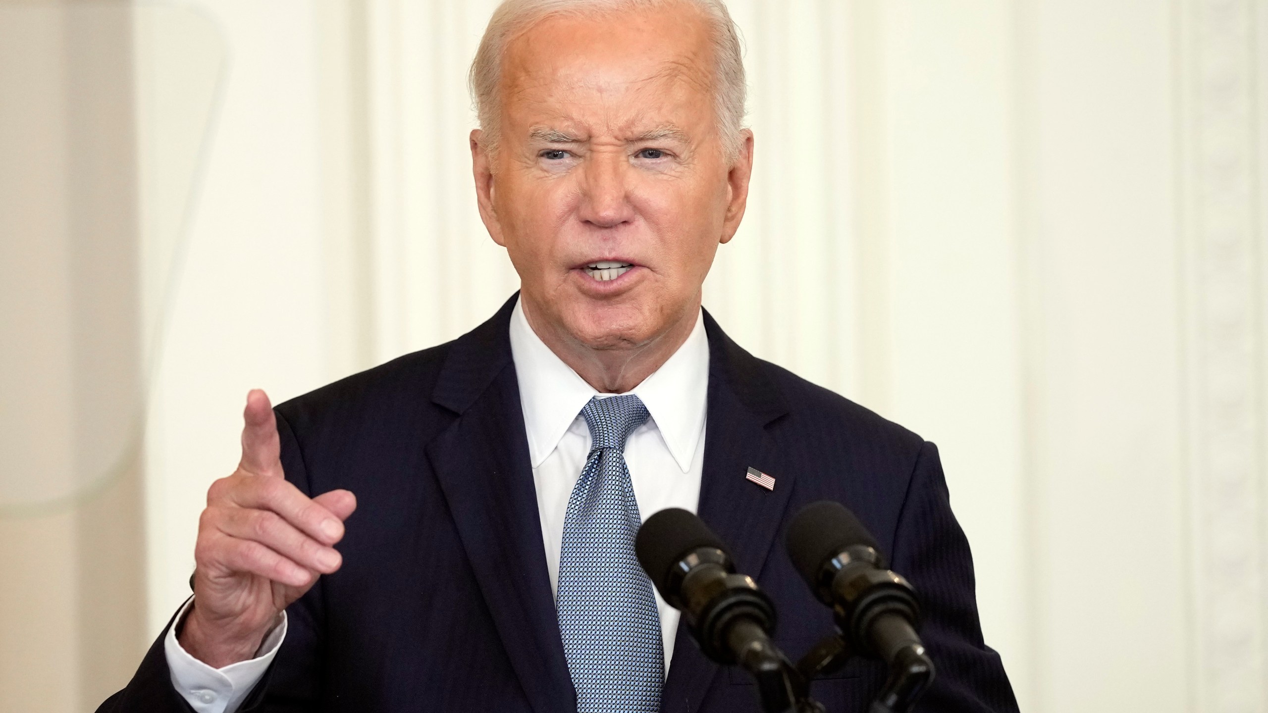 President Joe Biden speaks during a Medal of Honor Ceremony at the White House in Washington, Wednesday, July 3, 2024, posthumously honoring two U.S. Army privates who were part of a daring Union Army contingent that stole a Confederate train during the Civil War. U.S. Army Pvts. Philip G. Shadrach and George D. Wilson were captured by Confederates and executed by hanging. (AP Photo/Susan Walsh)